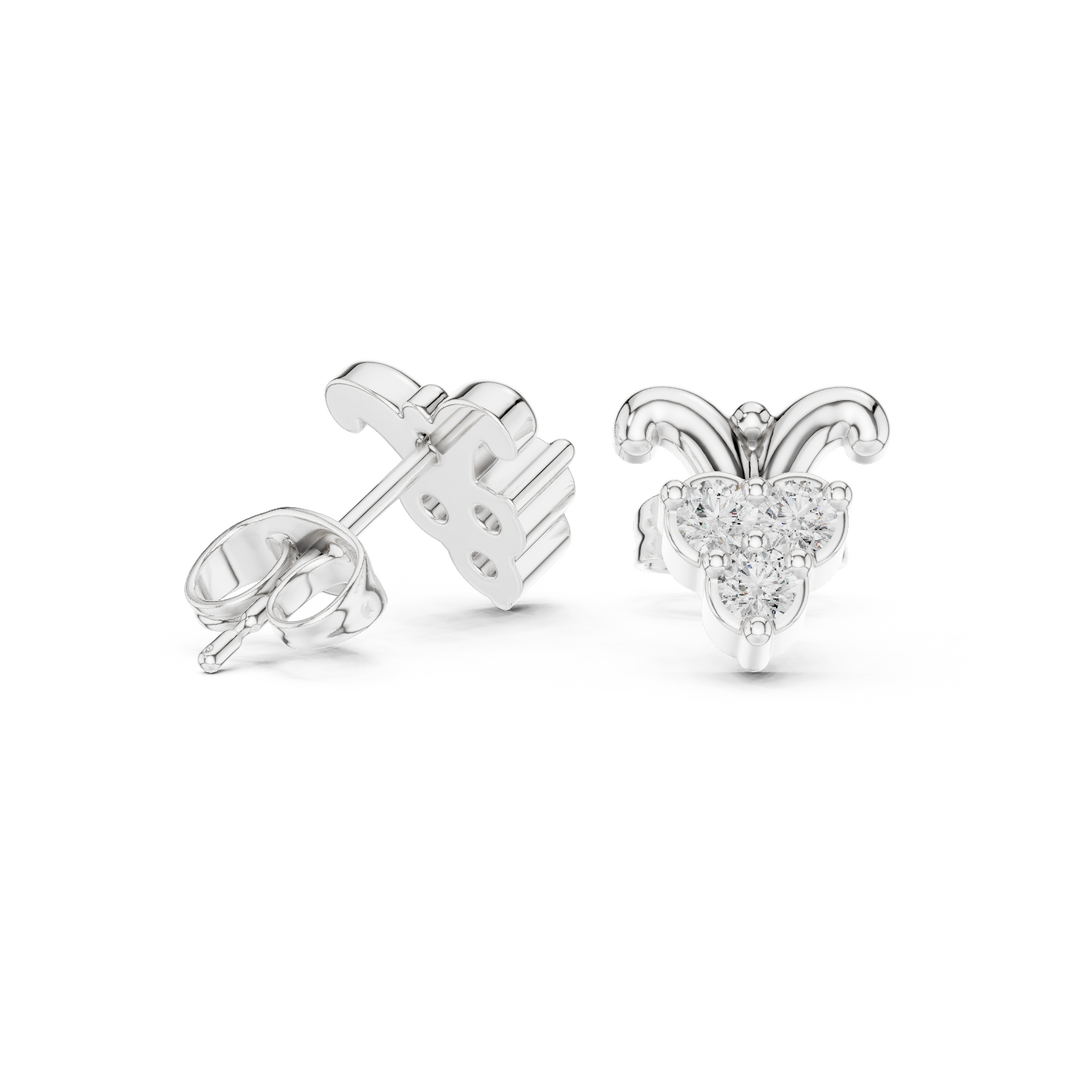 Crown leaf trio stone stud earrings with smooth curved crown leaf top and three prong set round stones in triangular cluster