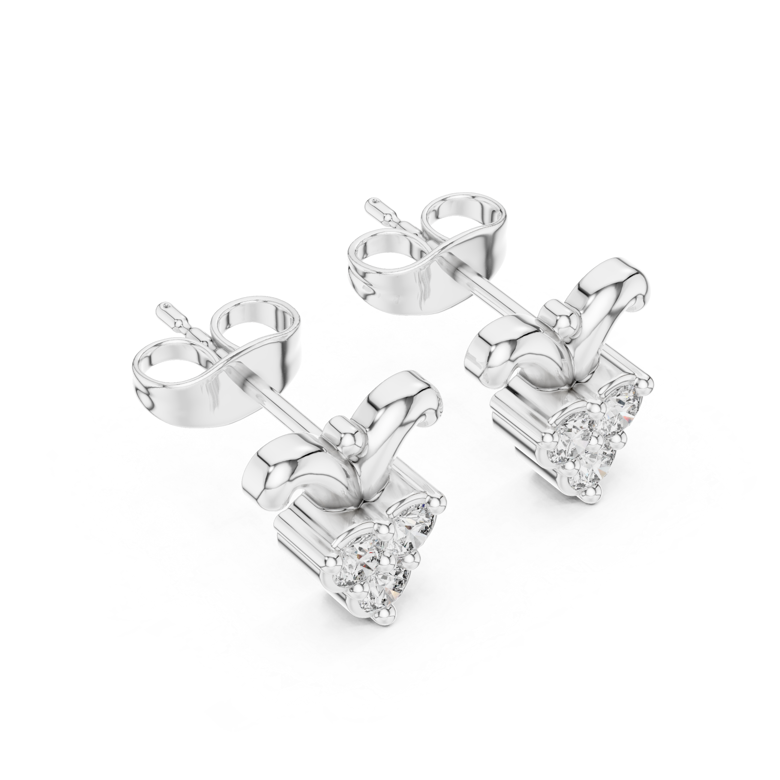 Crown leaf trio stone stud earrings with smooth curved crown leaf top and three prong set round stones in triangular cluster