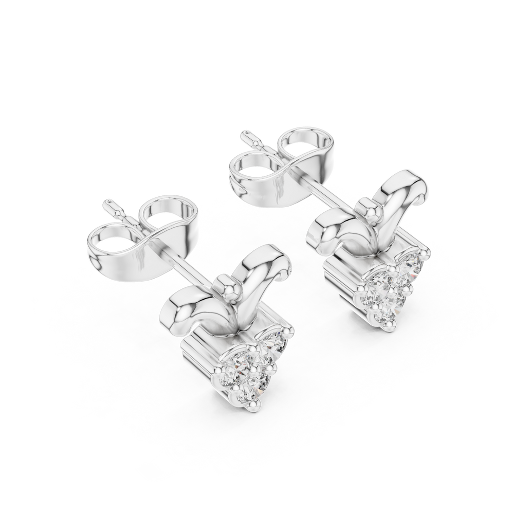 Crown leaf trio stone stud earrings with smooth curved crown leaf top and three prong set round stones in triangular cluster