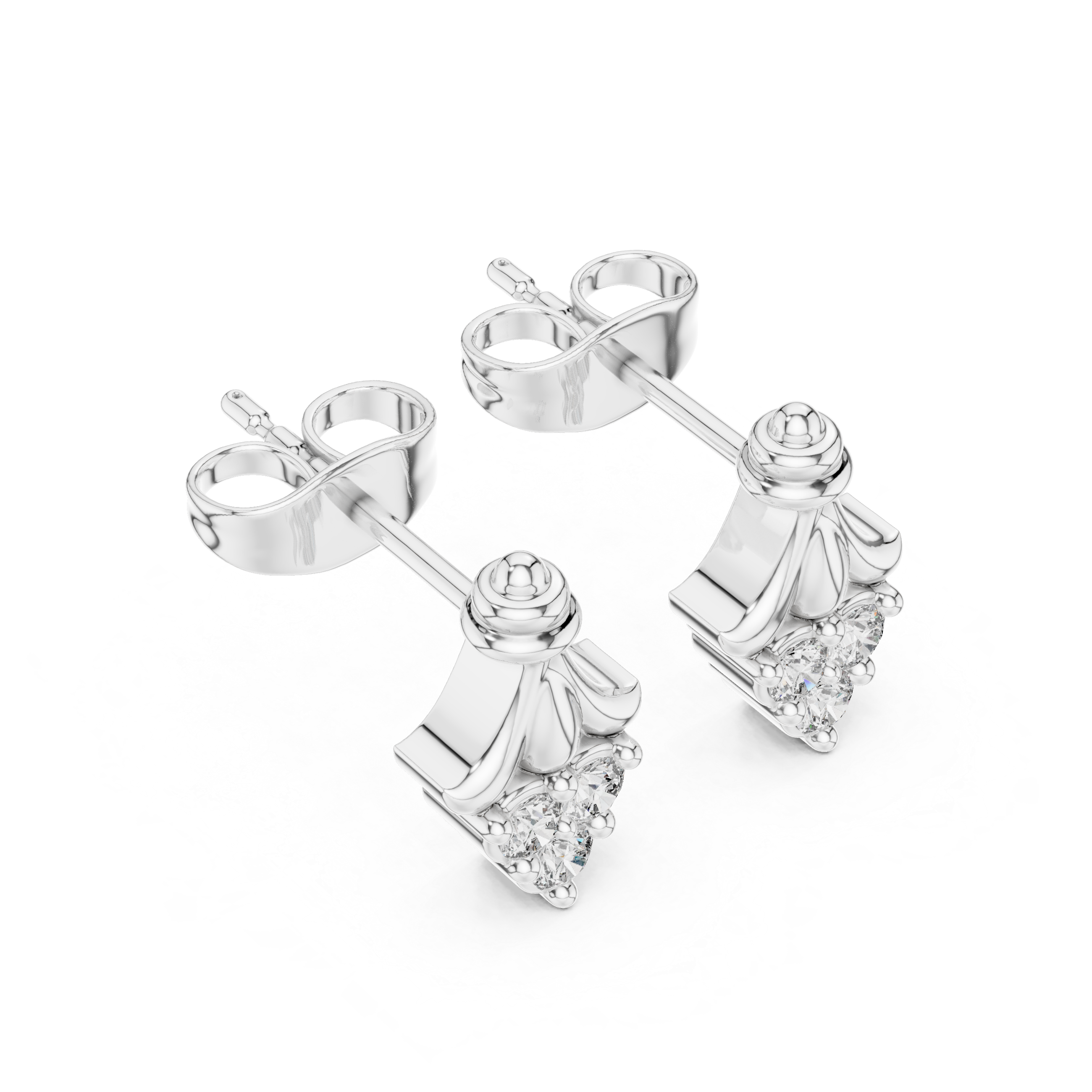 Crown shaped stud earrings with intricate detailing and sparkling stones