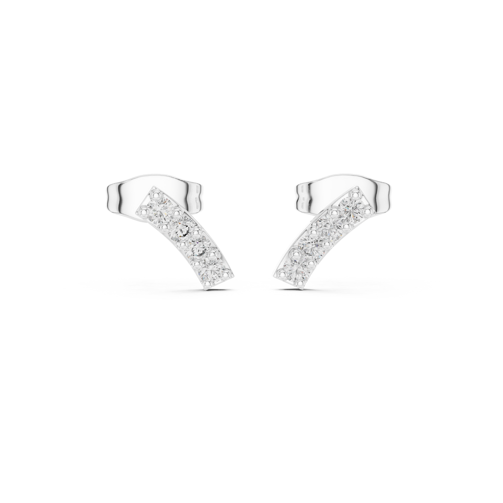 Curved bar stud earrings with a diagonal row of graduating round stones
