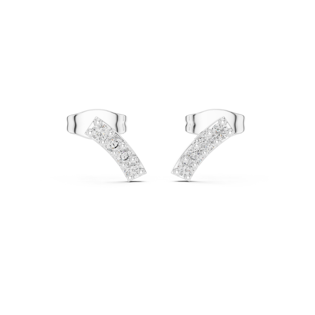 Curved bar stud earrings with a diagonal row of graduating round stones