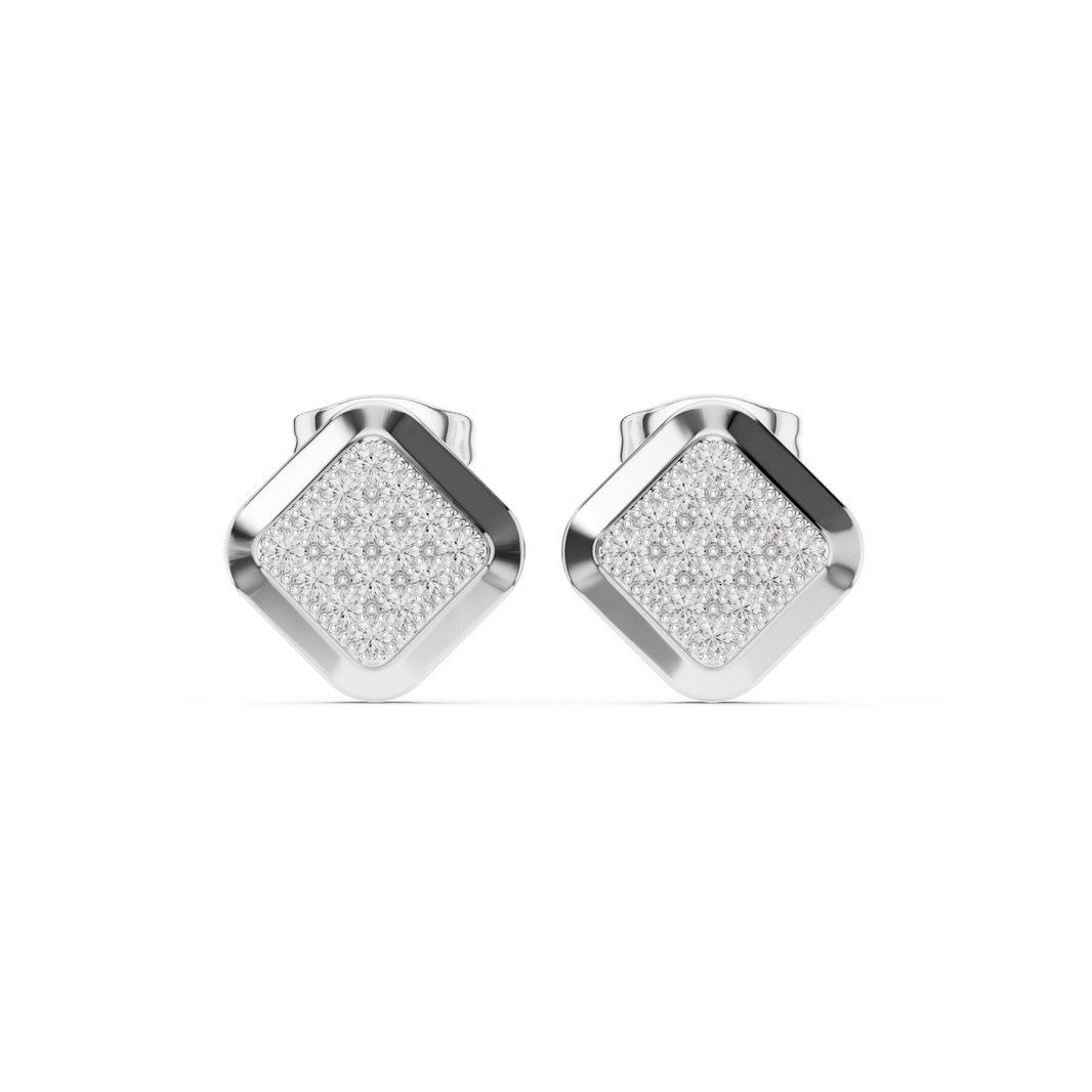 Fully stone-covered round brilliant cluster stud earrings in a cushion-shaped disc with a polished bevelled border