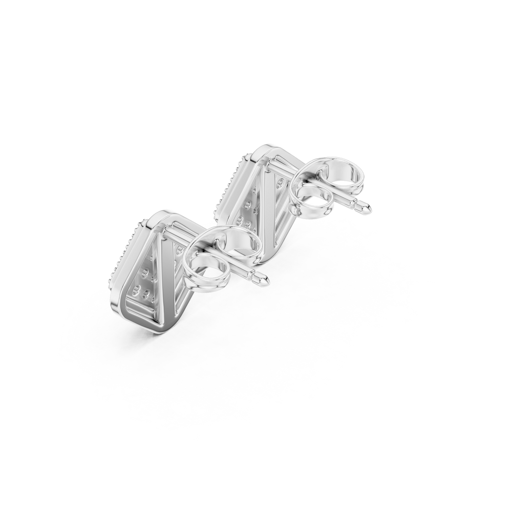 Fully stone-covered round brilliant cluster stud earrings in a cushion-shaped disc with a polished bevelled border