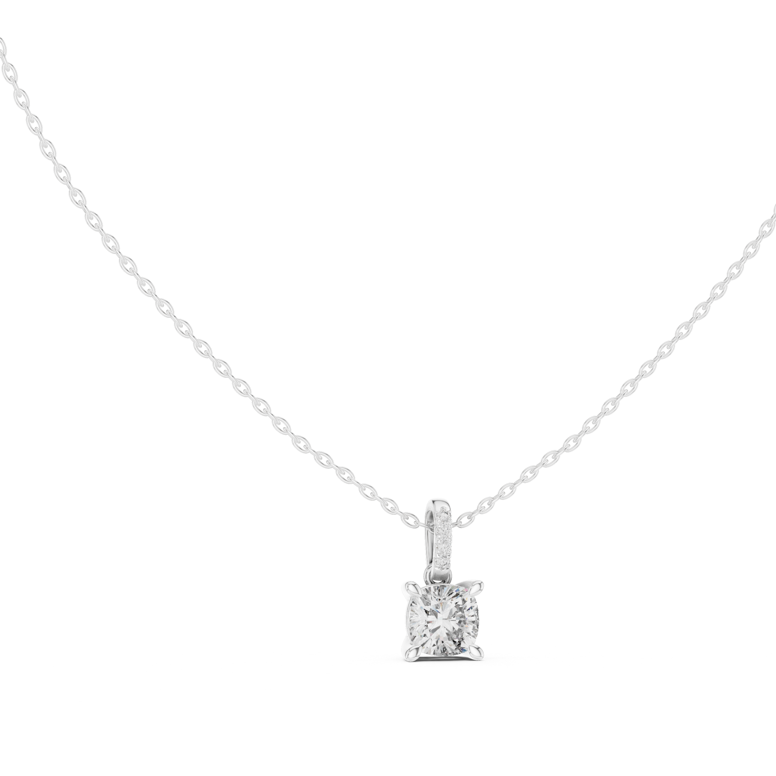 Cushion cut solitaire diamond pendant necklace with pave bail setting