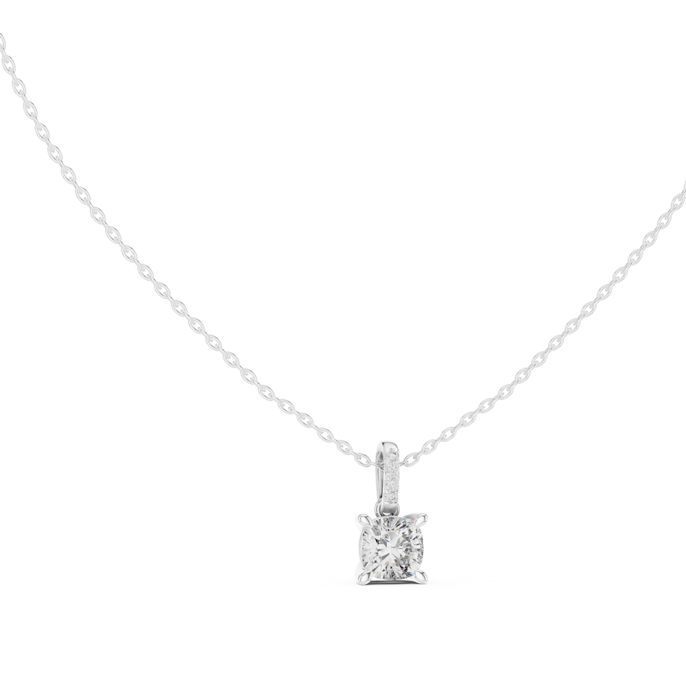 Cushion cut solitaire diamond pendant necklace with pave bail setting