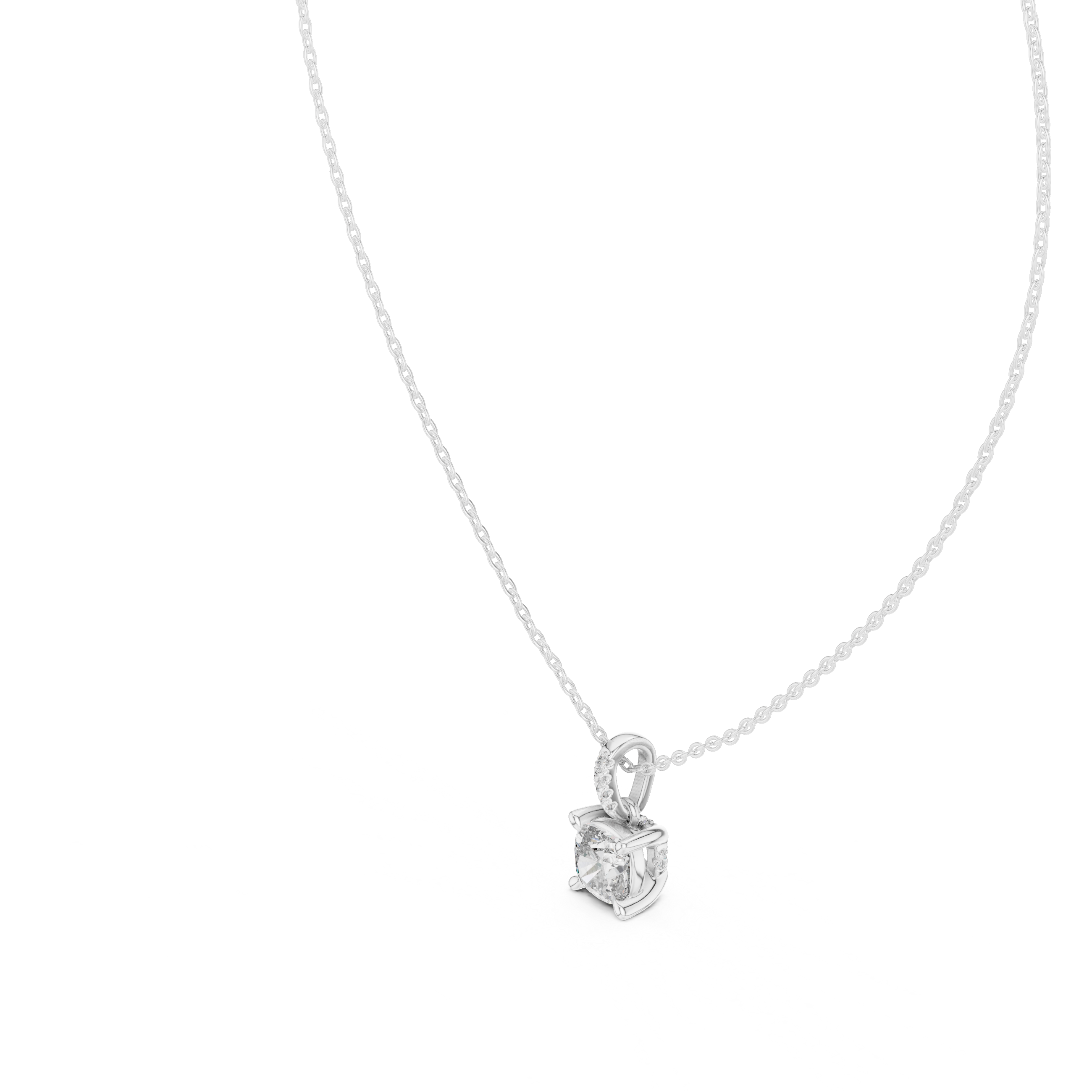 Cushion cut solitaire diamond pendant necklace with pave bail setting