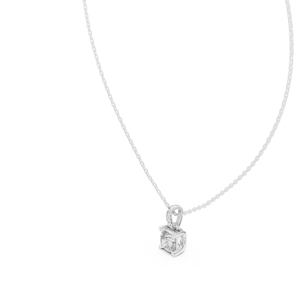 Cushion cut solitaire diamond pendant necklace with pave bail setting