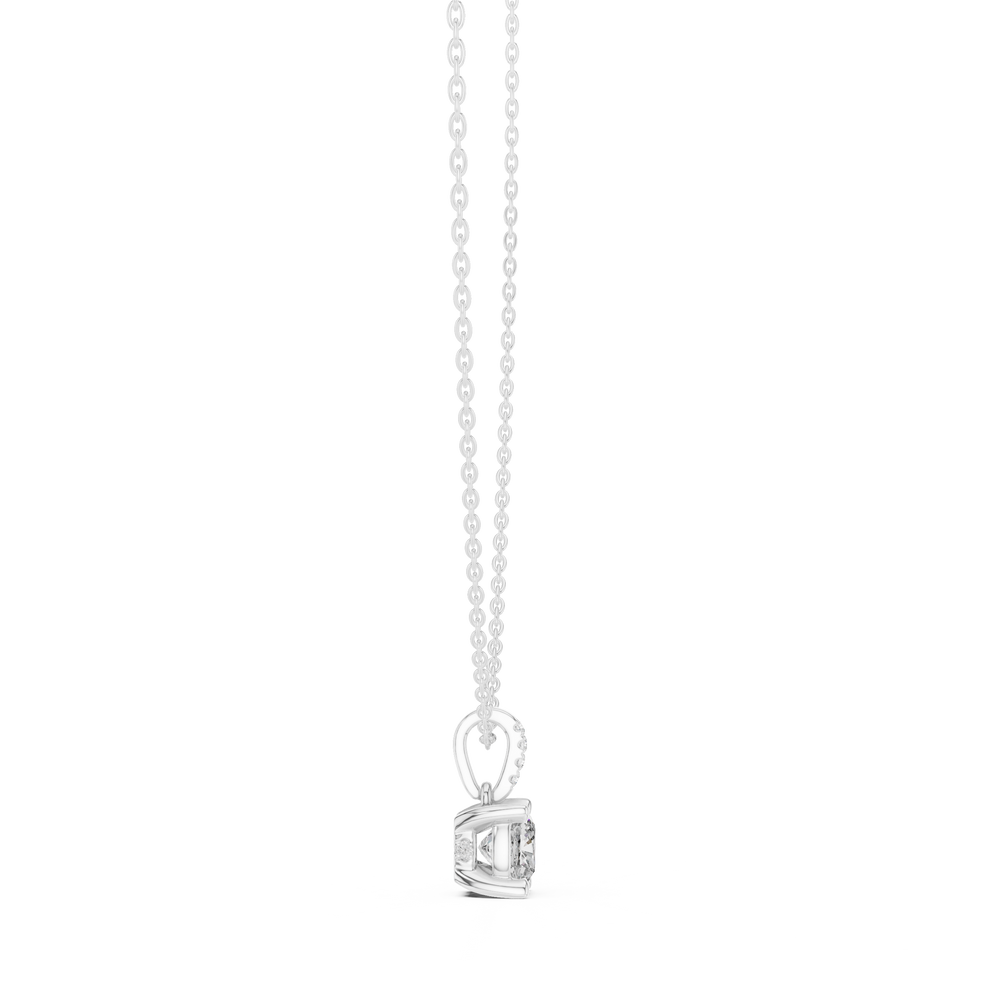 Cushion cut solitaire diamond pendant necklace with pave bail setting