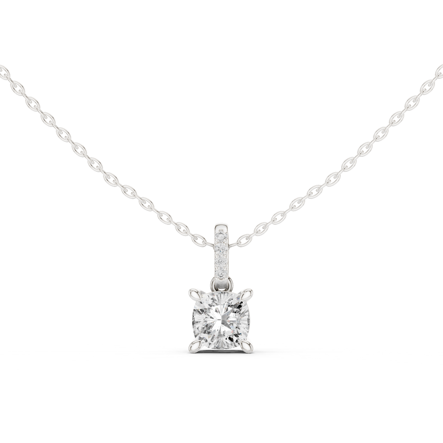 Cushion cut solitaire diamond pendant necklace with pave bail setting
