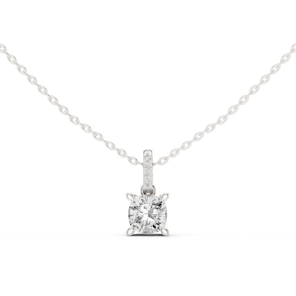 Cushion cut solitaire diamond pendant necklace with pave bail setting