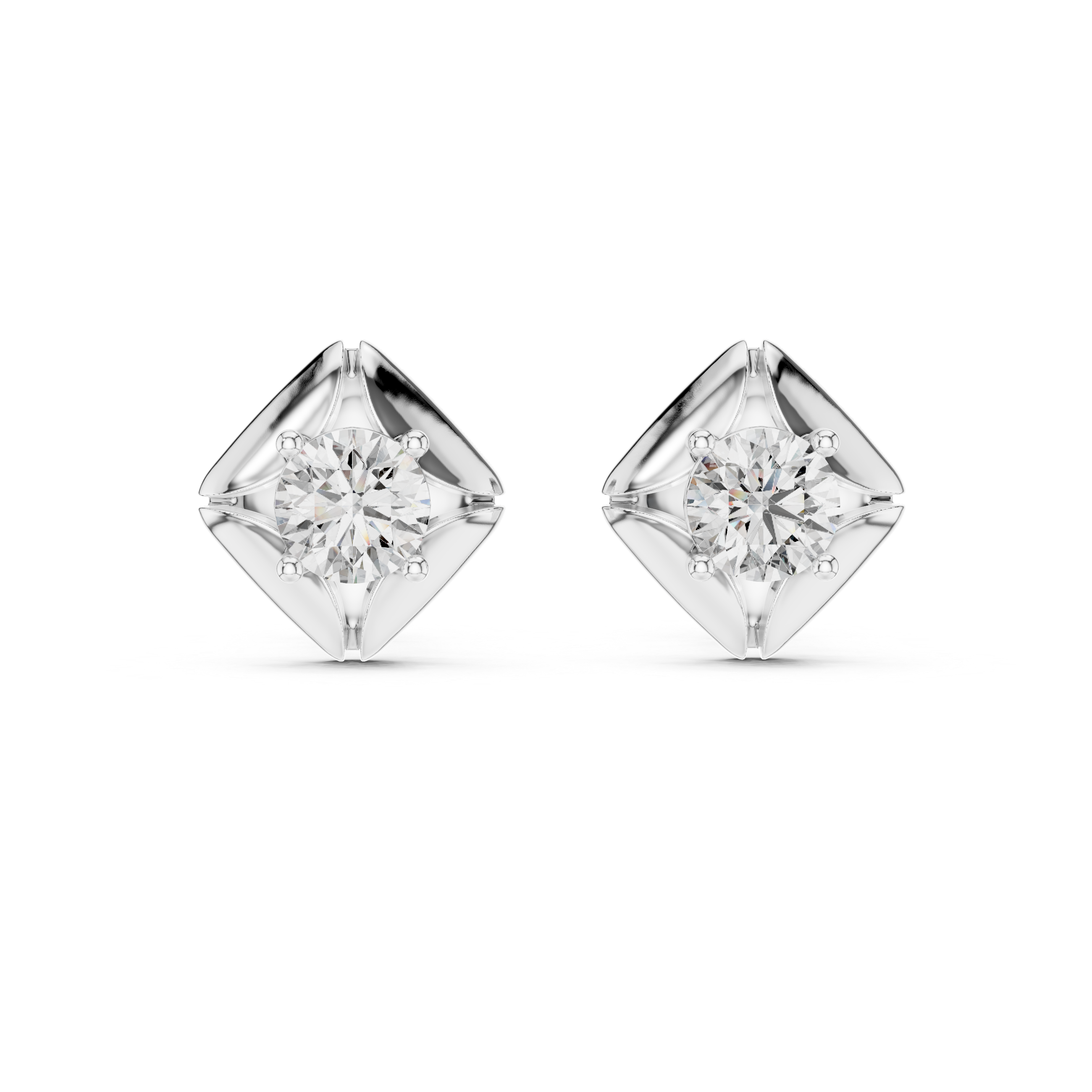 Round brilliant solitaire stud earrings within a polished cushion-shaped frame with grooved corner detailing