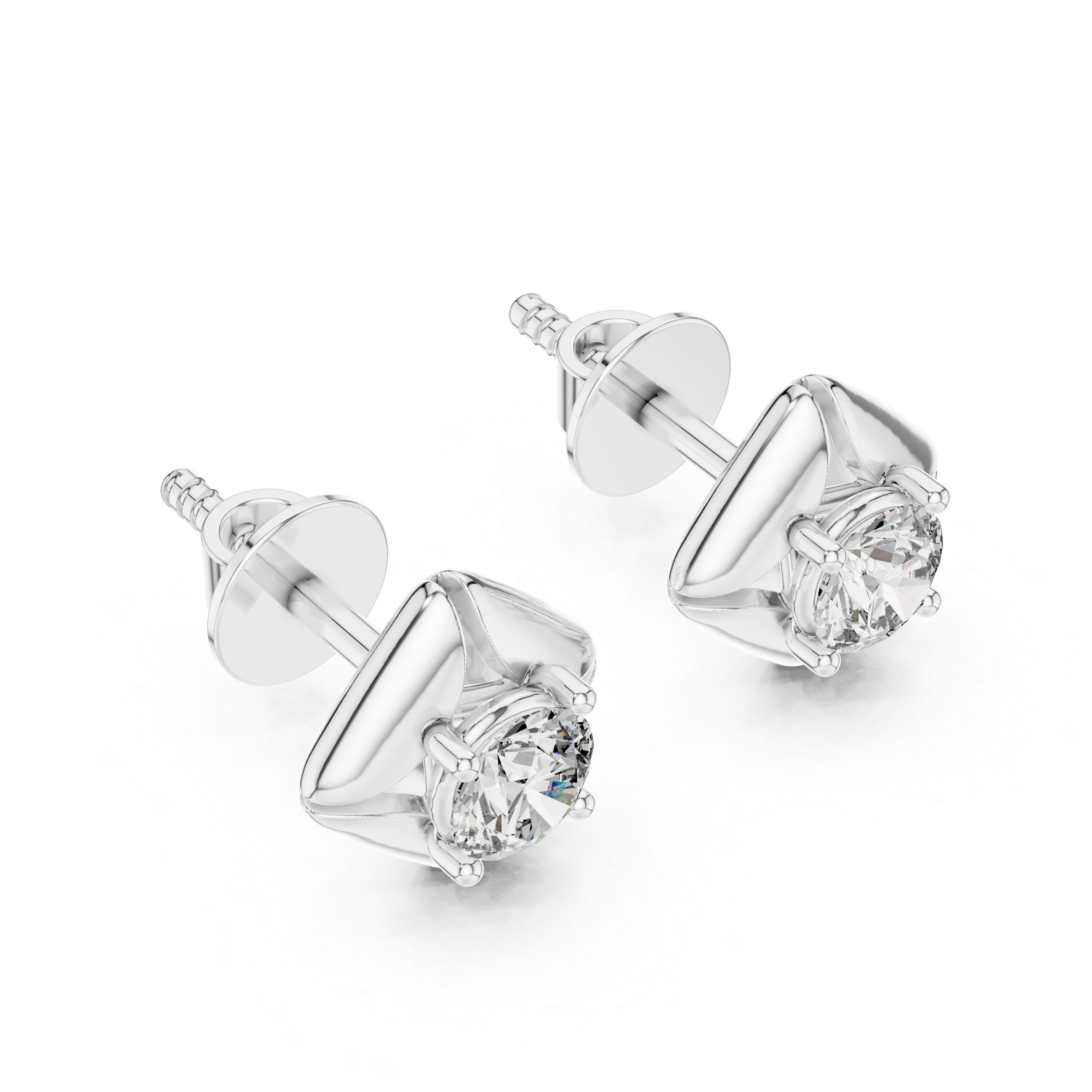 Round brilliant solitaire stud earrings within a polished cushion-shaped frame with grooved corner detailing