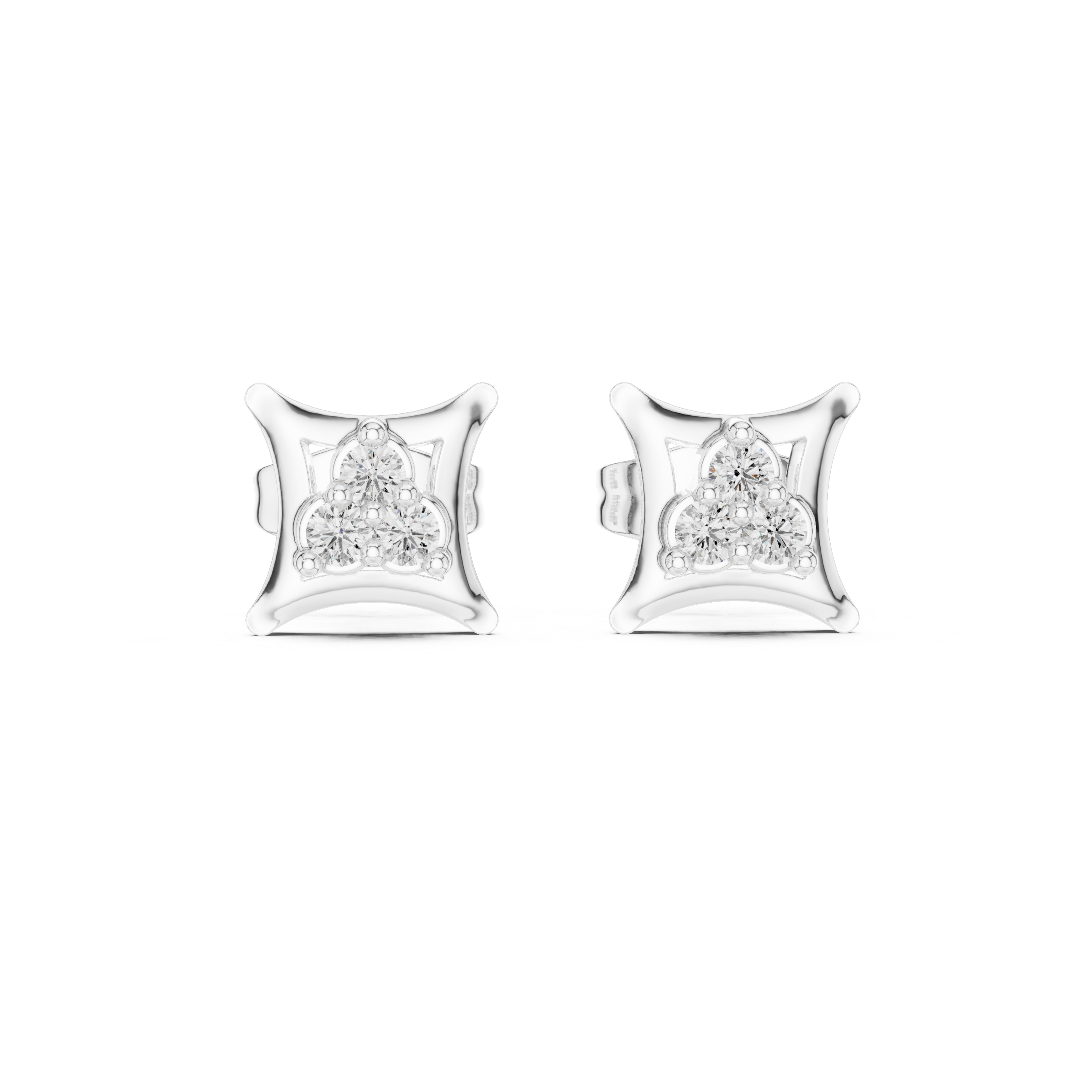 Cushion frame trio stud earrings with three round stones on a smooth concave square base