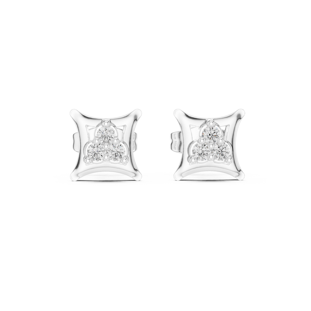 Cushion frame trio stud earrings with three round stones on a smooth concave square base