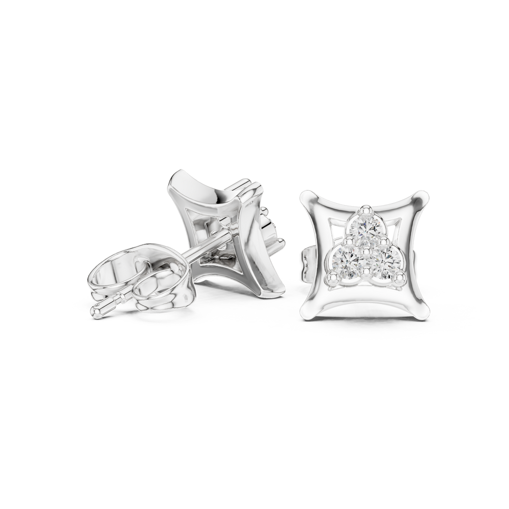 Cushion frame trio stud earrings with three round stones on a smooth concave square base