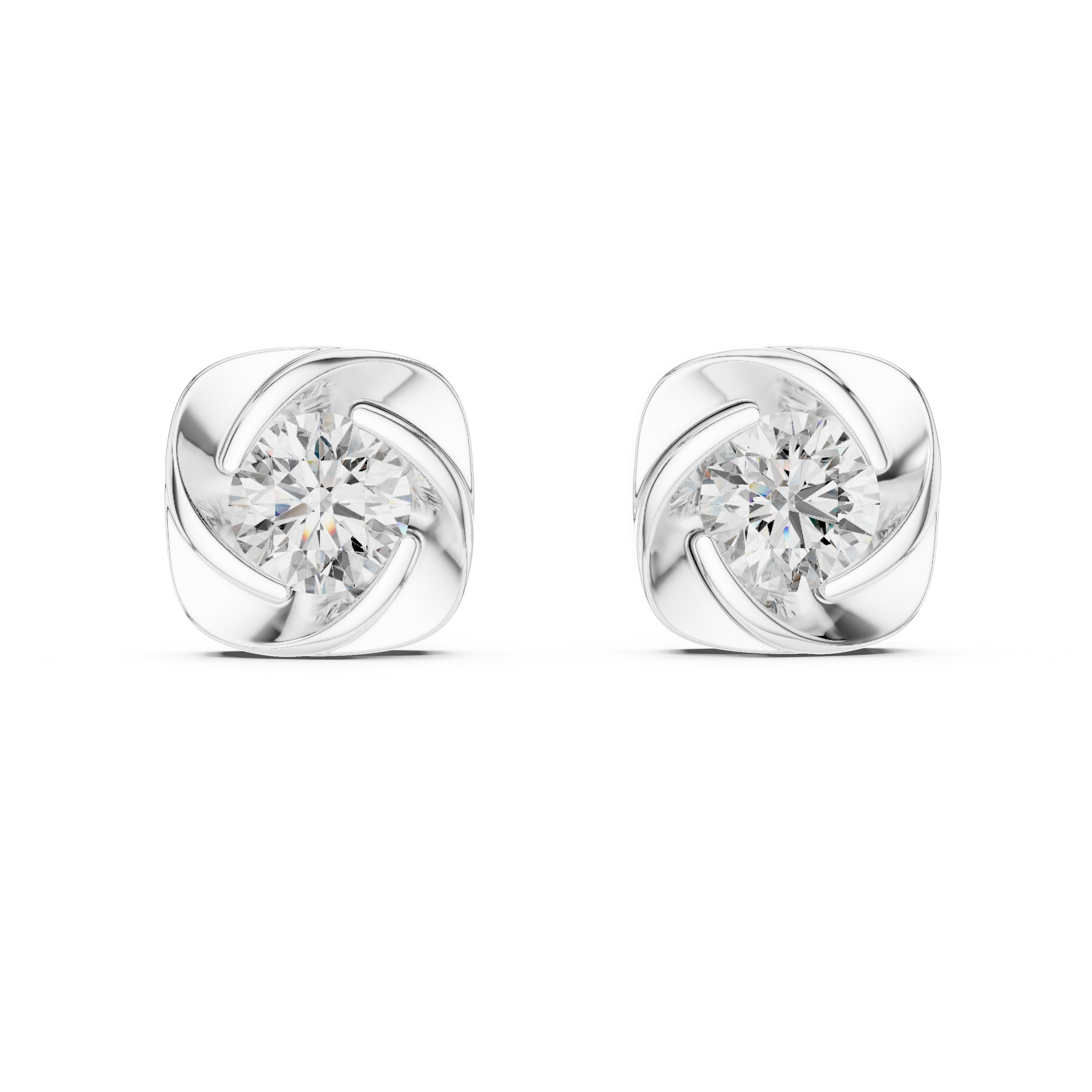 Round brilliant solitaire stud earrings within a polished cushion-shaped pinwheel swirl frame