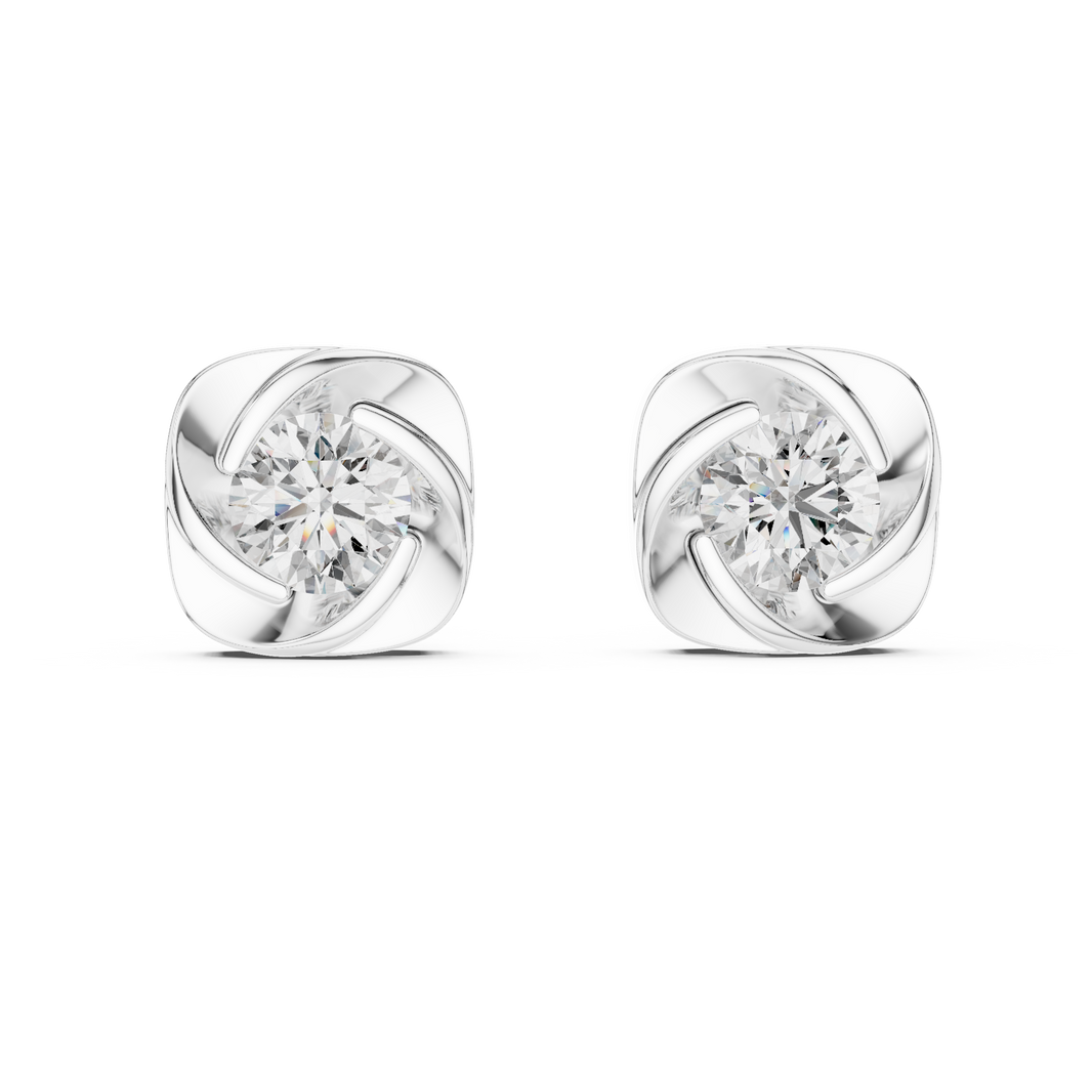 Round brilliant solitaire stud earrings within a polished cushion-shaped pinwheel swirl frame