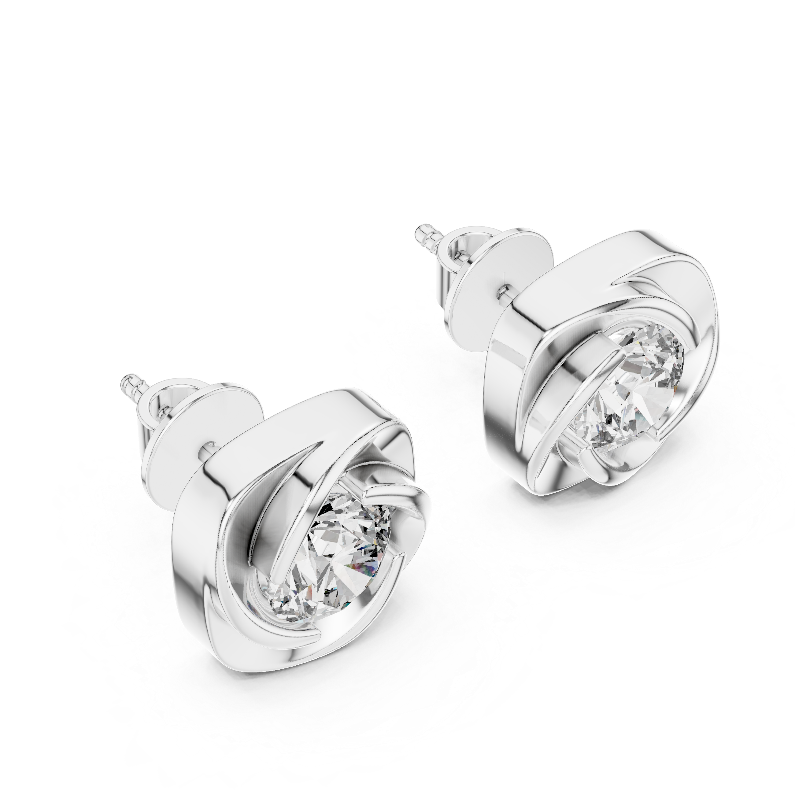 Round brilliant solitaire stud earrings within a polished cushion-shaped pinwheel swirl frame