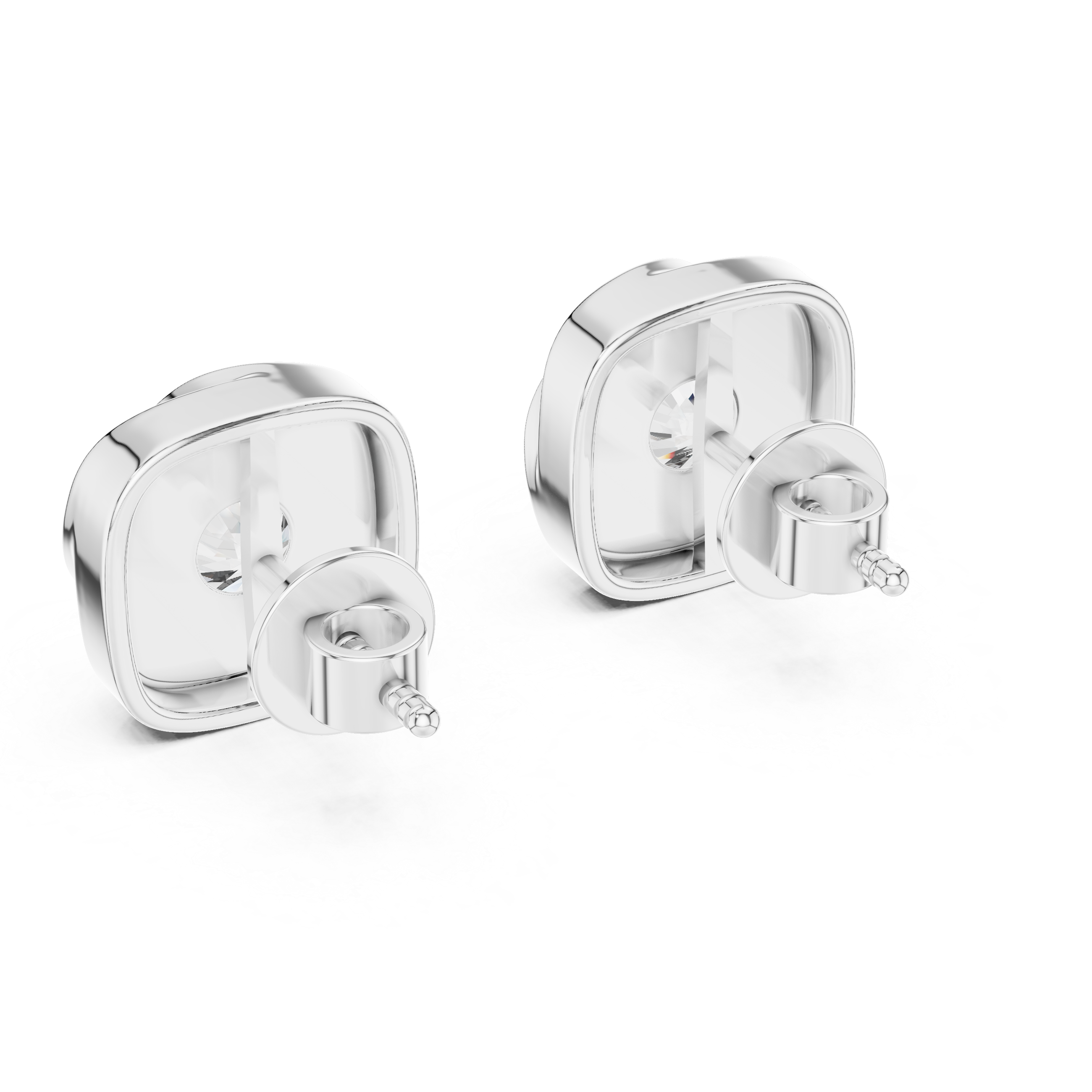 Round brilliant solitaire stud earrings within a polished cushion-shaped pinwheel swirl frame