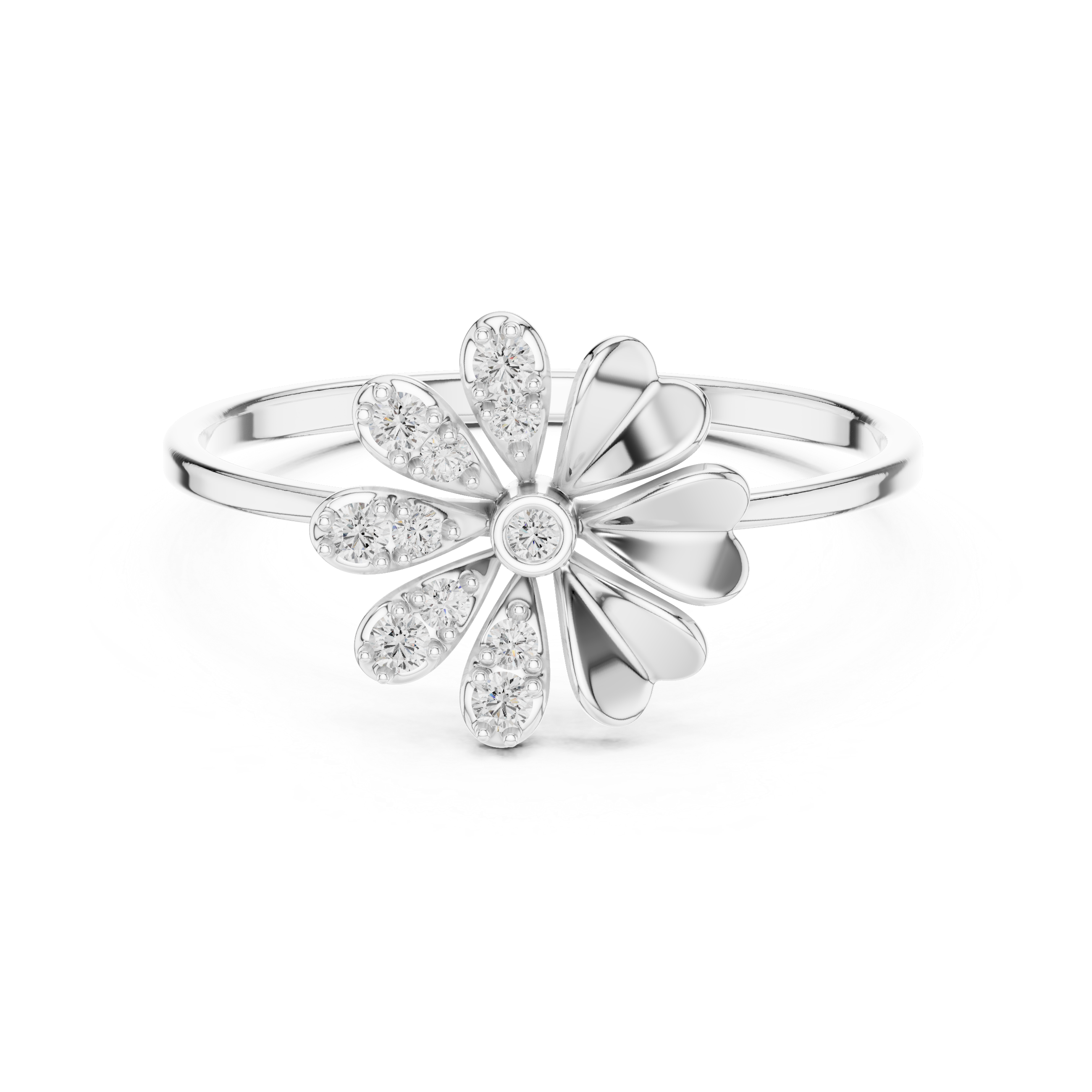 daisy flower ring with diamond-studded petals and solitaire centre stone
