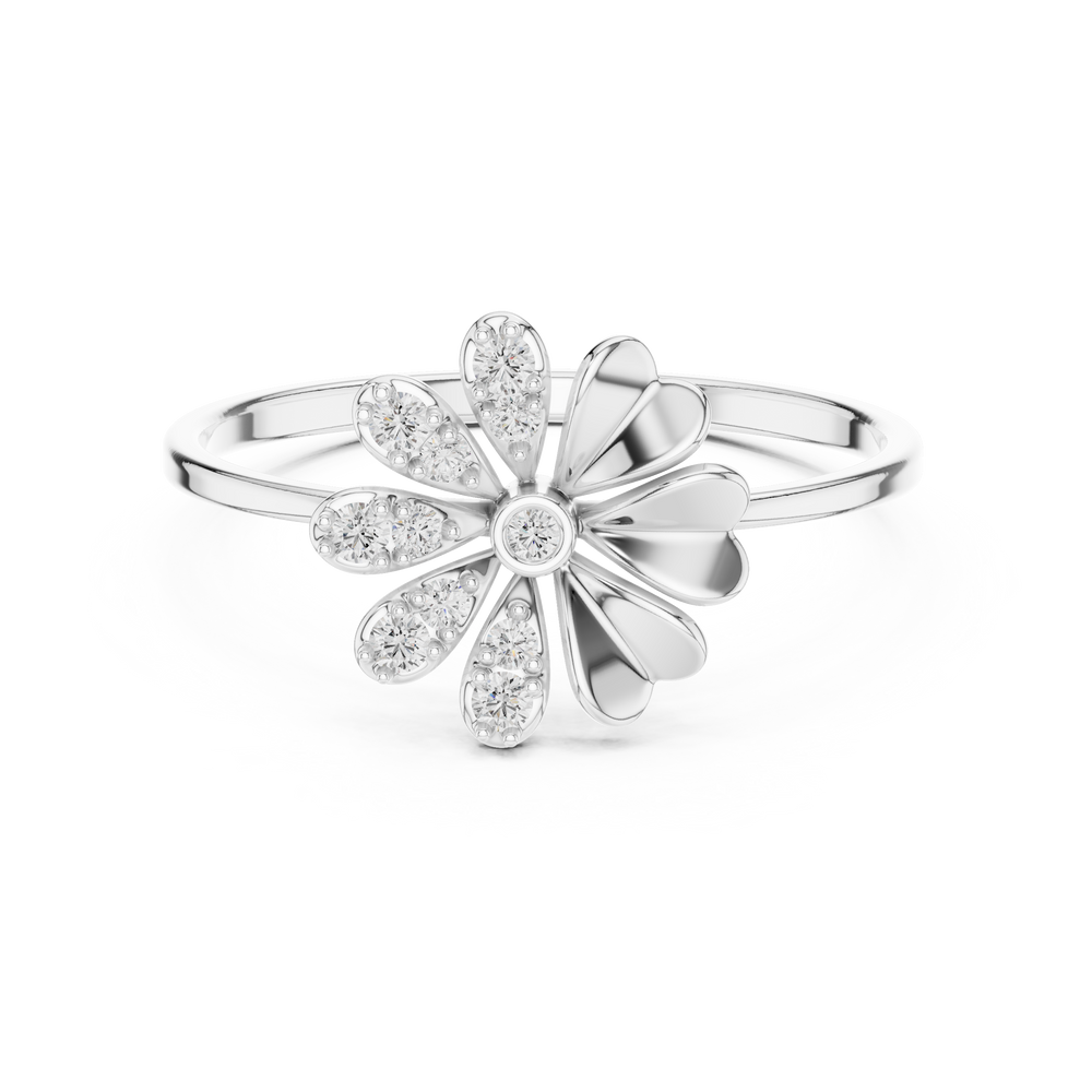 daisy flower ring with diamond-studded petals and solitaire centre stone