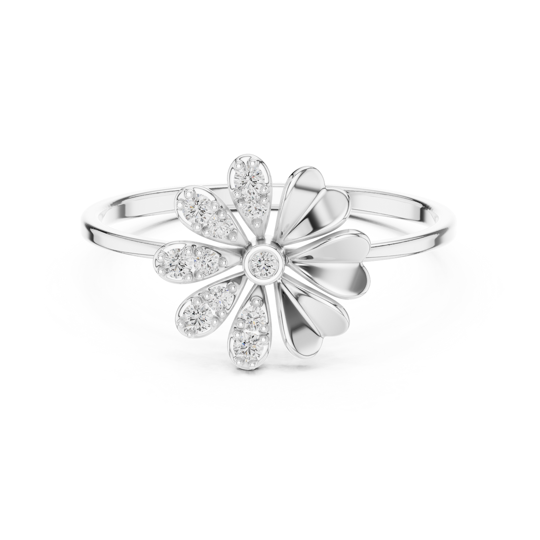 daisy flower ring with diamond-studded petals and solitaire centre stone