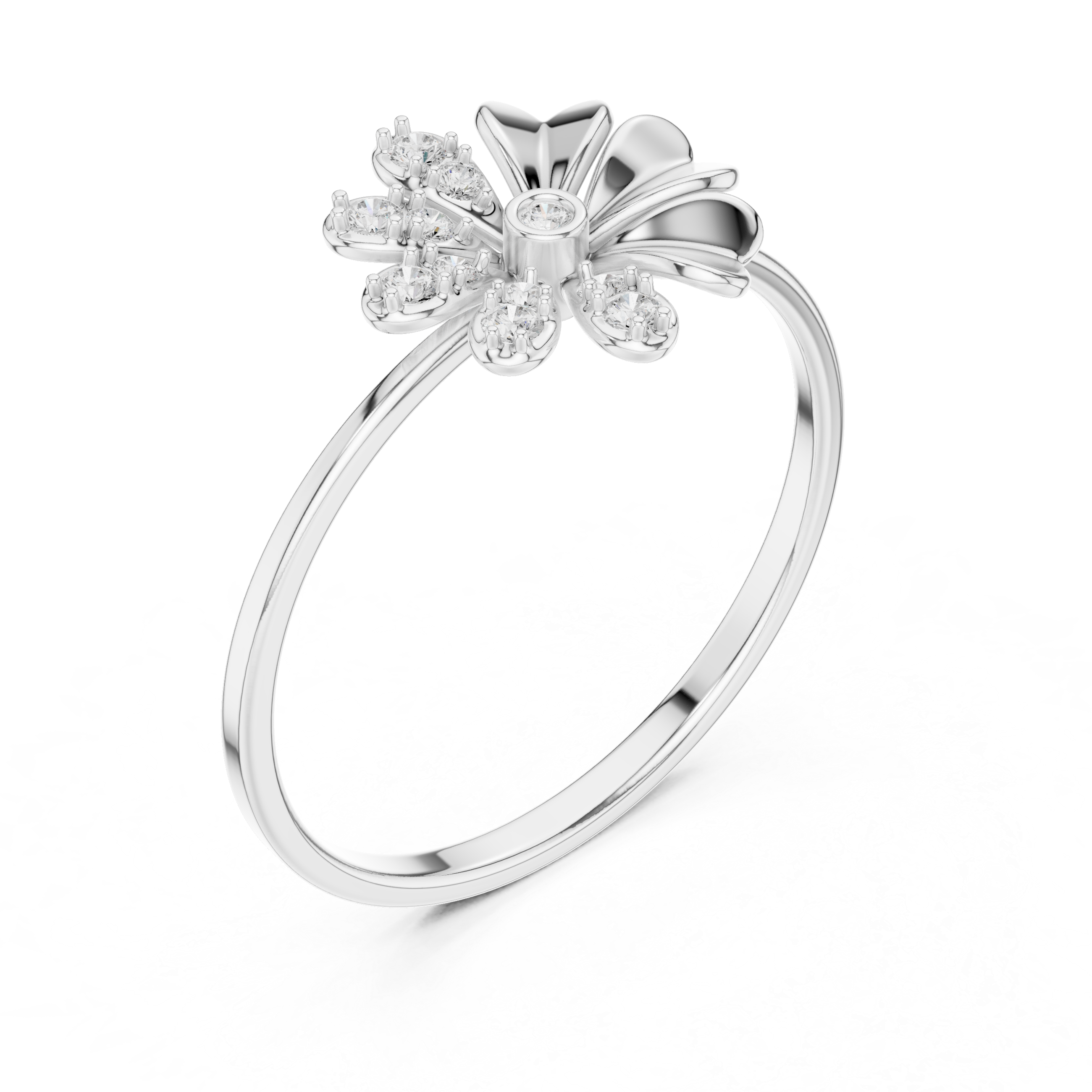 daisy flower ring with diamond-studded petals and solitaire centre stone