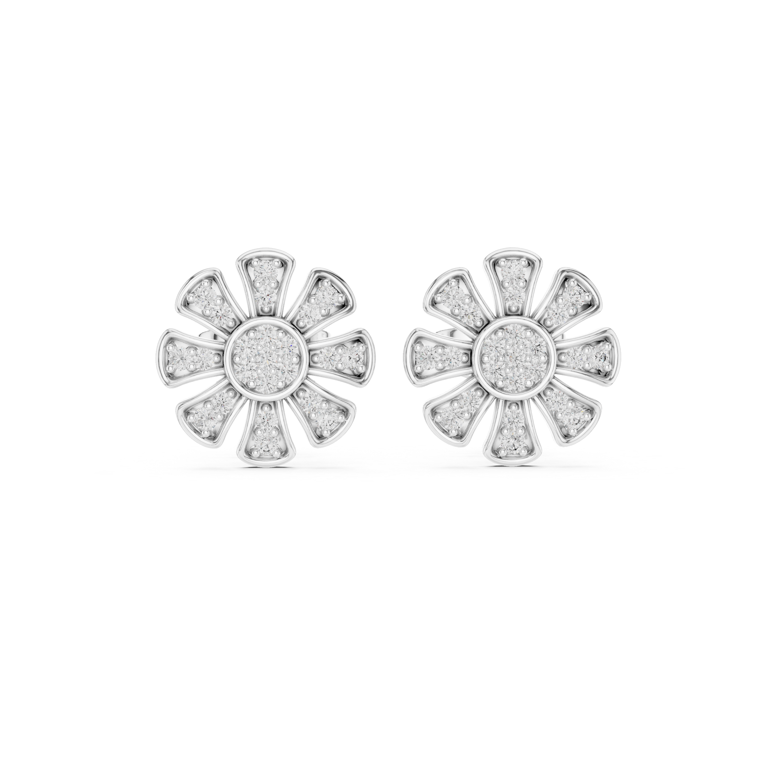 Daisy-inspired stud earrings with a round brilliant cluster centre and stone-set tapered petal segments radiating outward