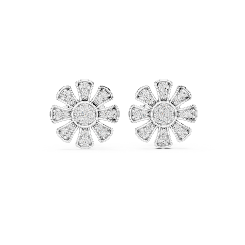 Daisy-inspired stud earrings with a round brilliant cluster centre and stone-set tapered petal segments radiating outward