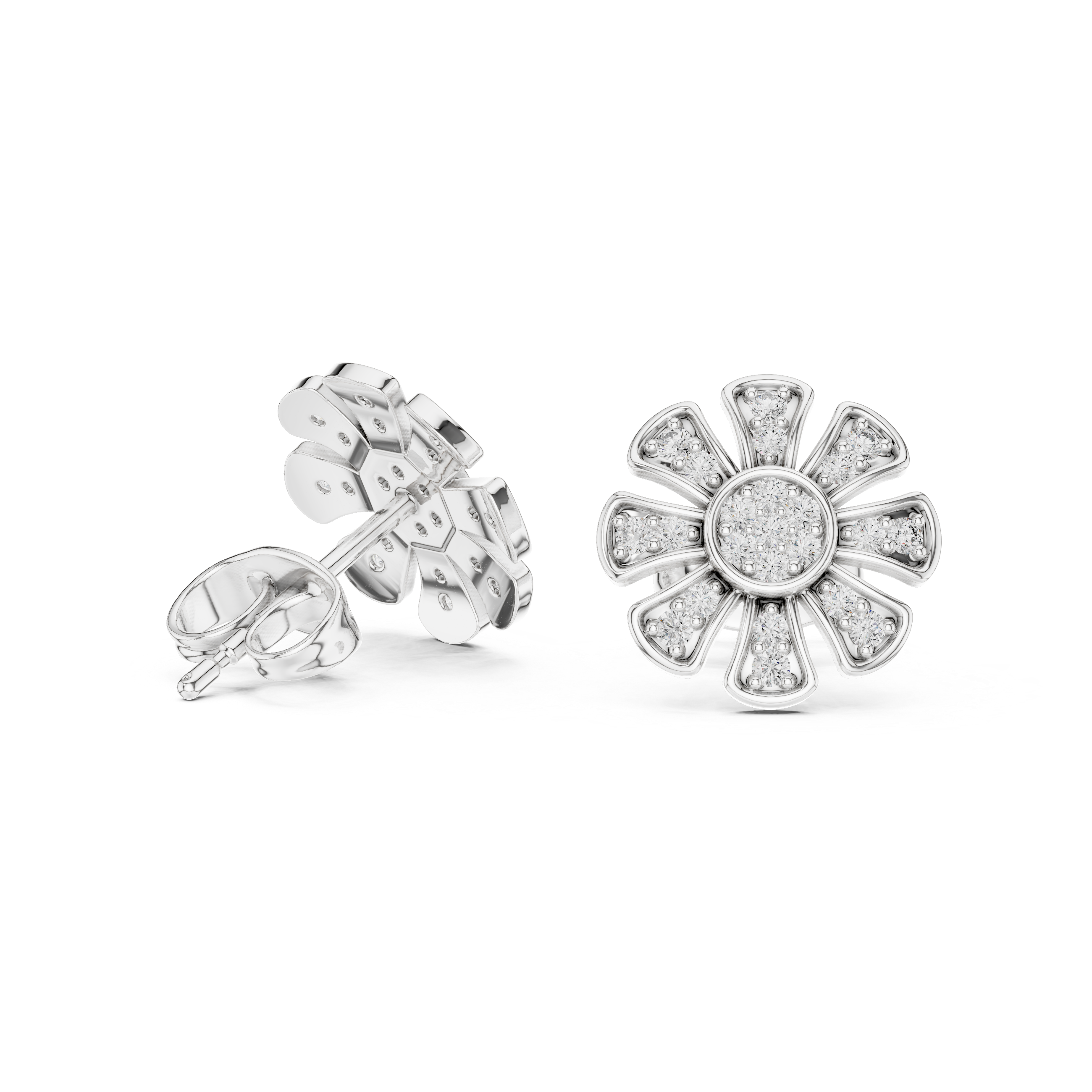 Daisy-inspired stud earrings with a round brilliant cluster centre and stone-set tapered petal segments radiating outward