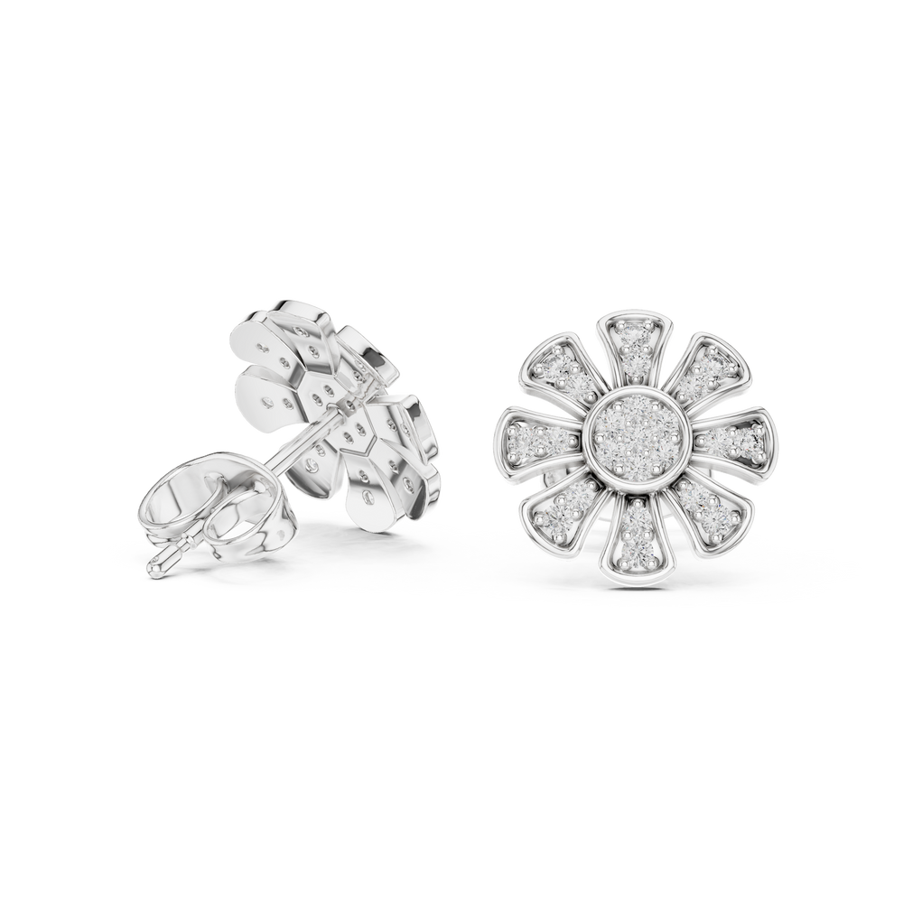 Daisy-inspired stud earrings with a round brilliant cluster centre and stone-set tapered petal segments radiating outward