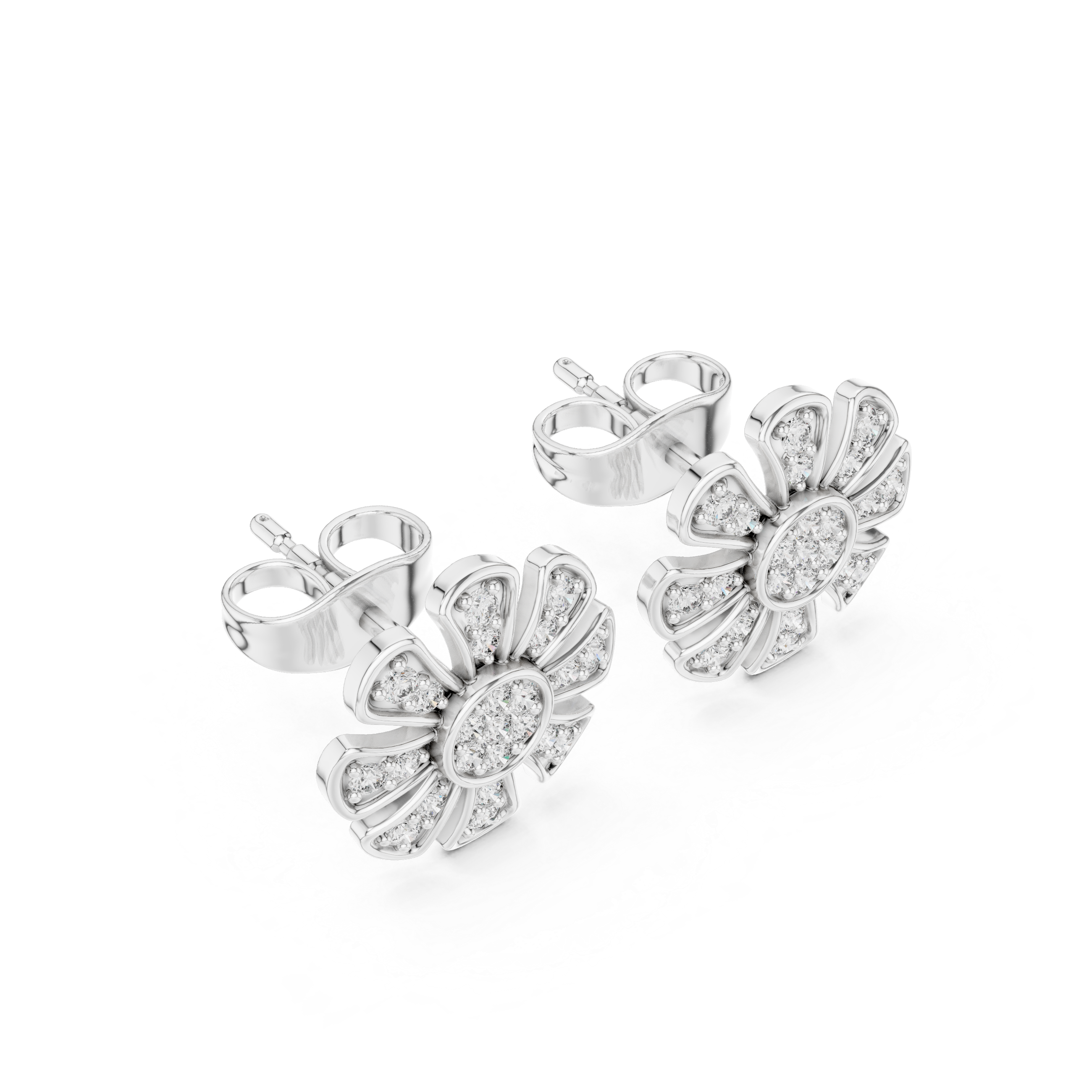 Daisy-inspired stud earrings with a round brilliant cluster centre and stone-set tapered petal segments radiating outward