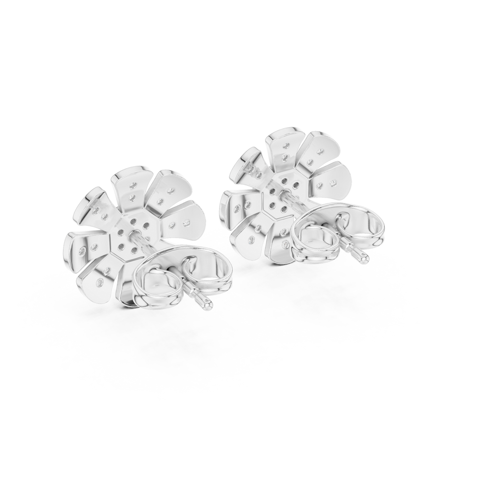 Daisy-inspired stud earrings with a round brilliant cluster centre and stone-set tapered petal segments radiating outward
