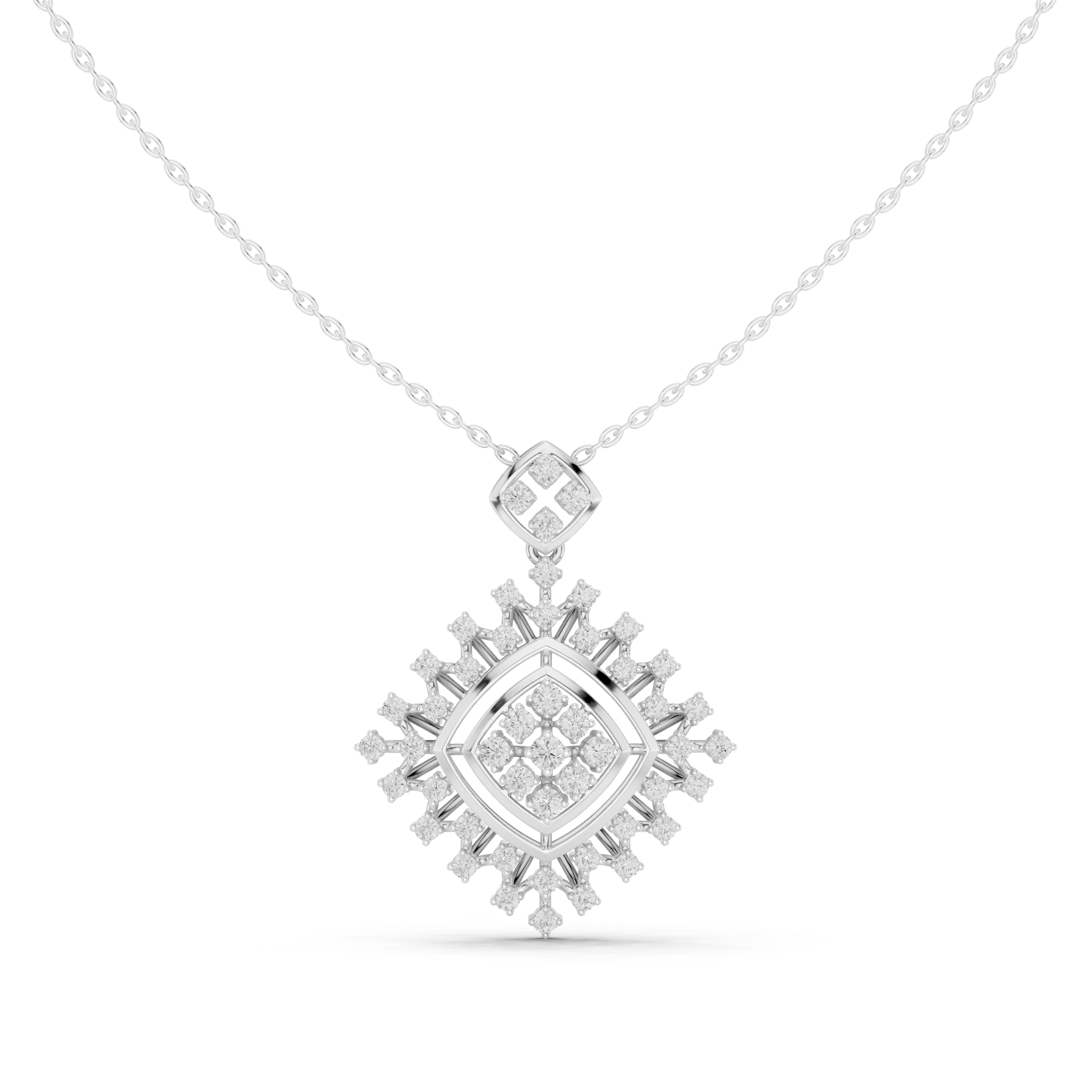 Geometric snowflake diamond pendant necklace with baguette and pave cluster setting