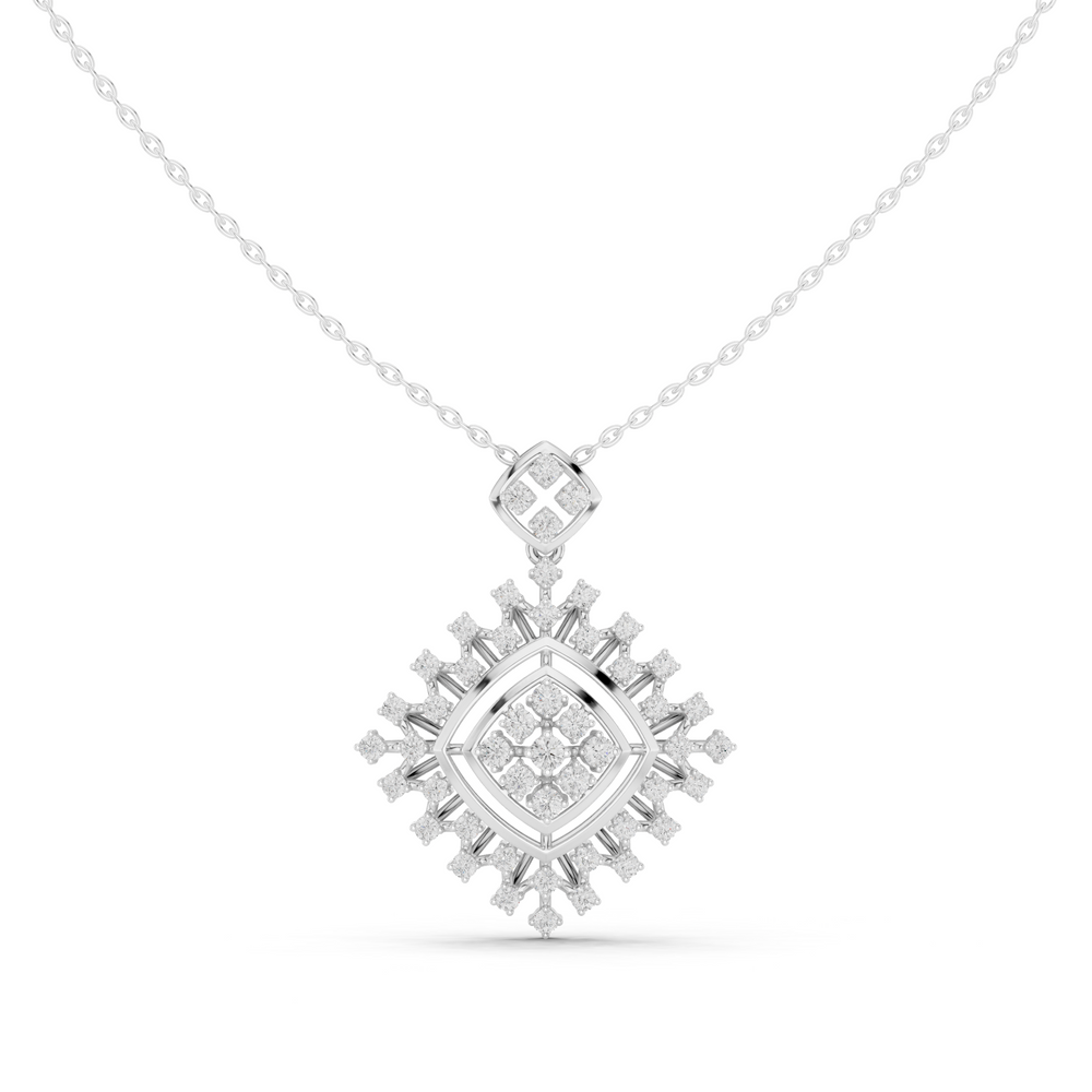 Geometric snowflake diamond pendant necklace with baguette and pave cluster setting