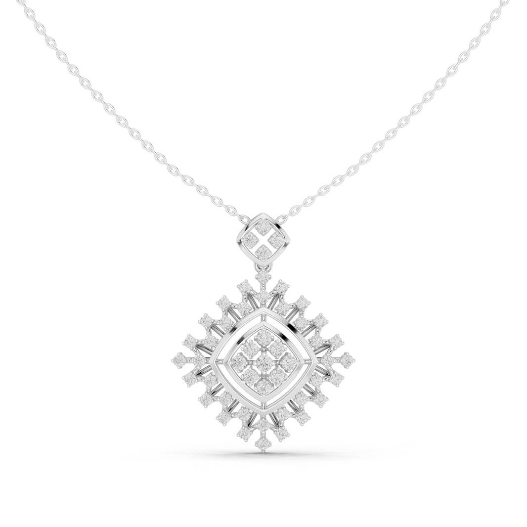 Geometric snowflake diamond pendant necklace with baguette and pave cluster setting