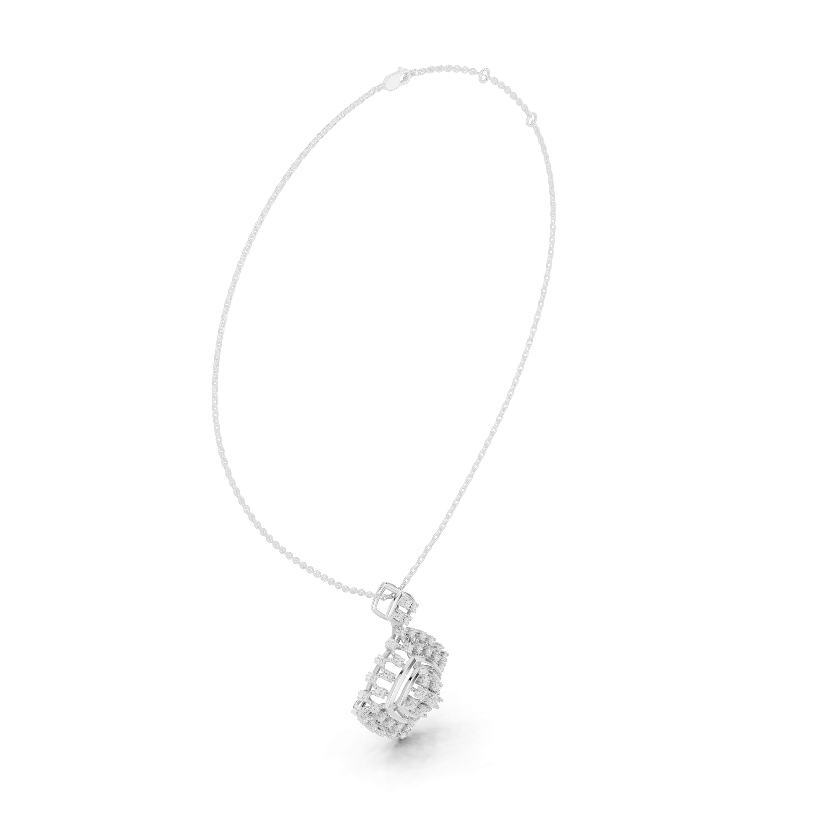 Geometric snowflake diamond pendant necklace with baguette and pave cluster setting