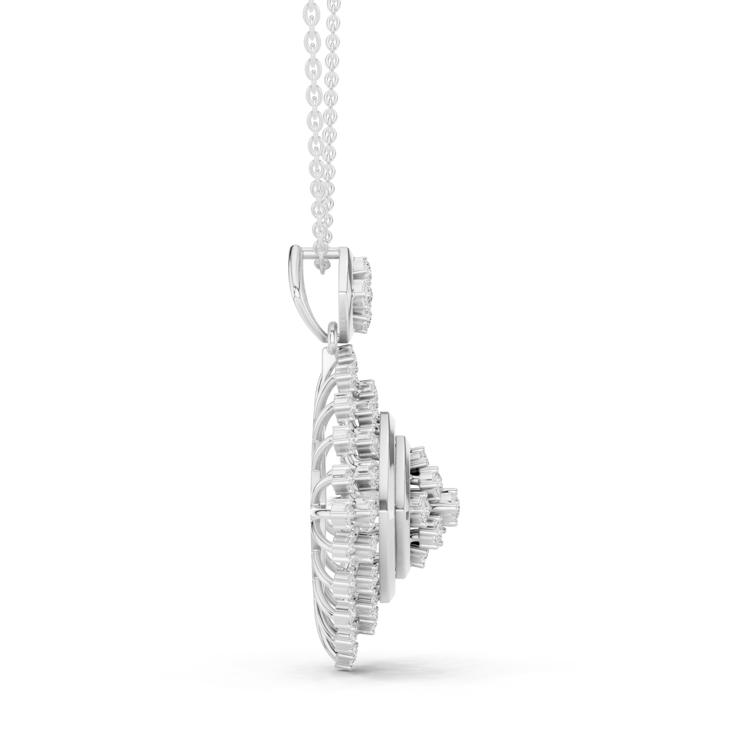 Geometric snowflake diamond pendant necklace with baguette and pave cluster setting