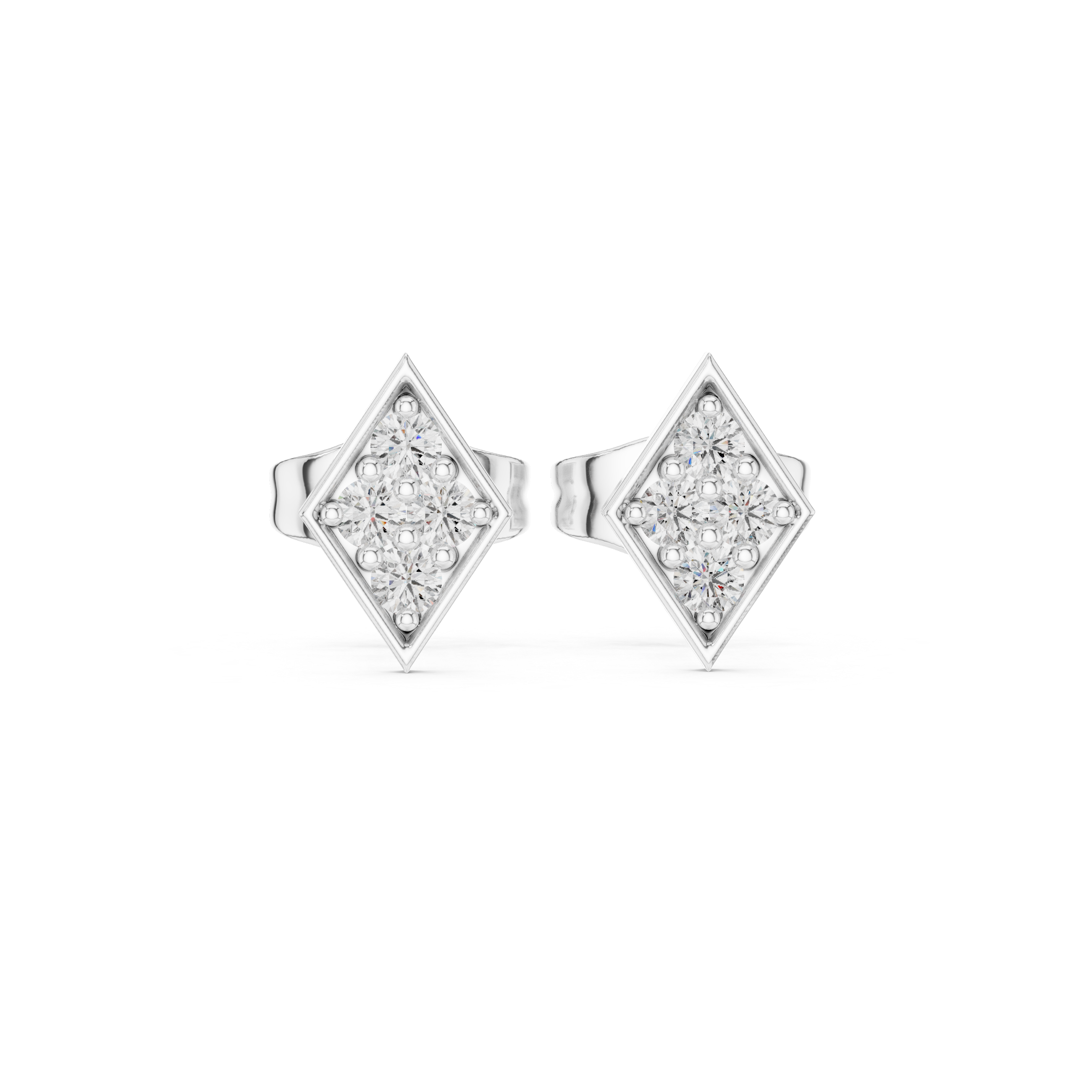 Rhombus-shaped stud earrings with a round brilliant cluster set within a polished geometric frame