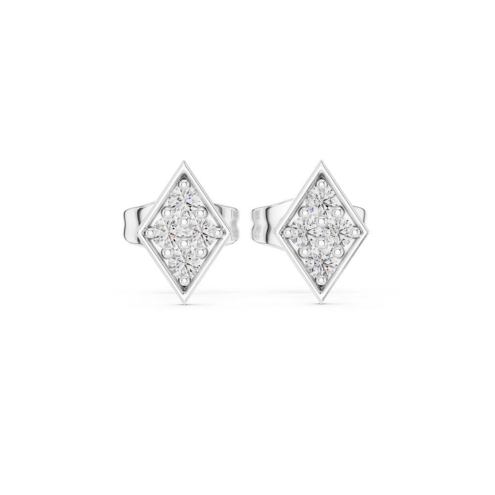 Rhombus-shaped stud earrings with a round brilliant cluster set within a polished geometric frame