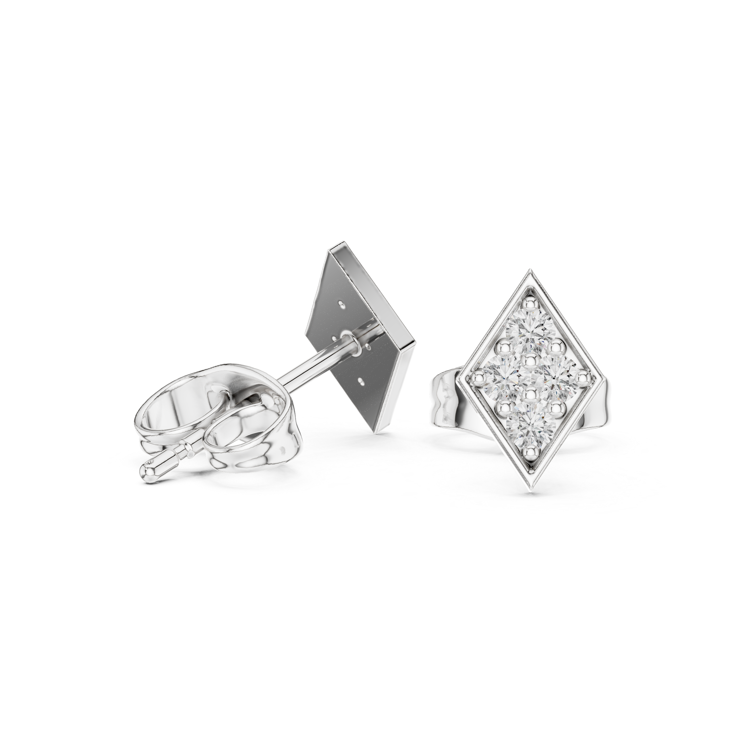 Rhombus-shaped stud earrings with a round brilliant cluster set within a polished geometric frame
