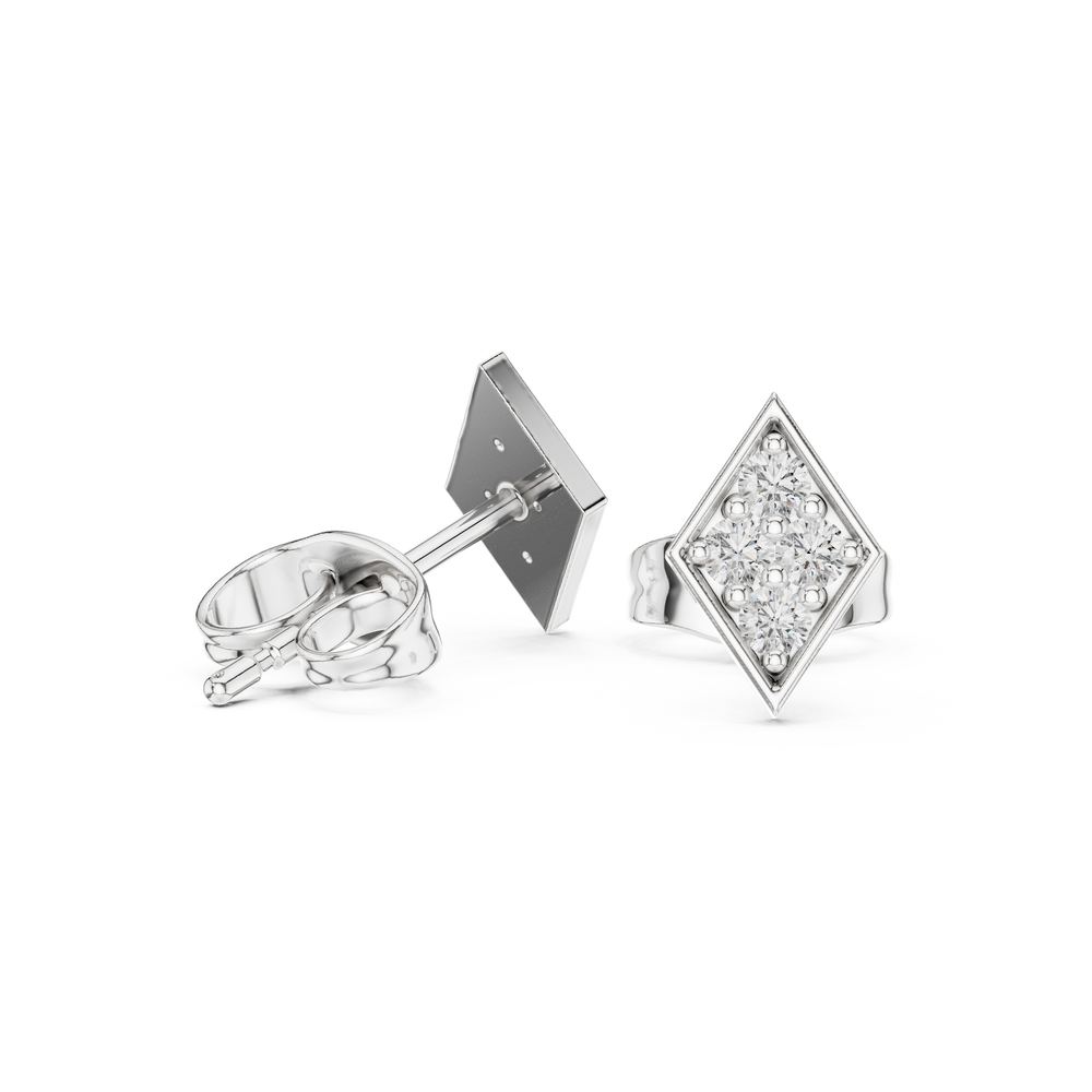 Rhombus-shaped stud earrings with a round brilliant cluster set within a polished geometric frame