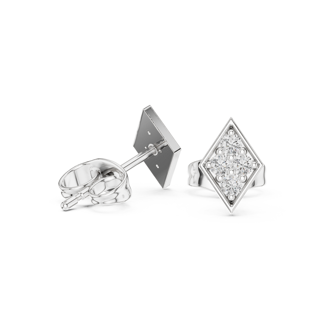 Rhombus-shaped stud earrings with a round brilliant cluster set within a polished geometric frame