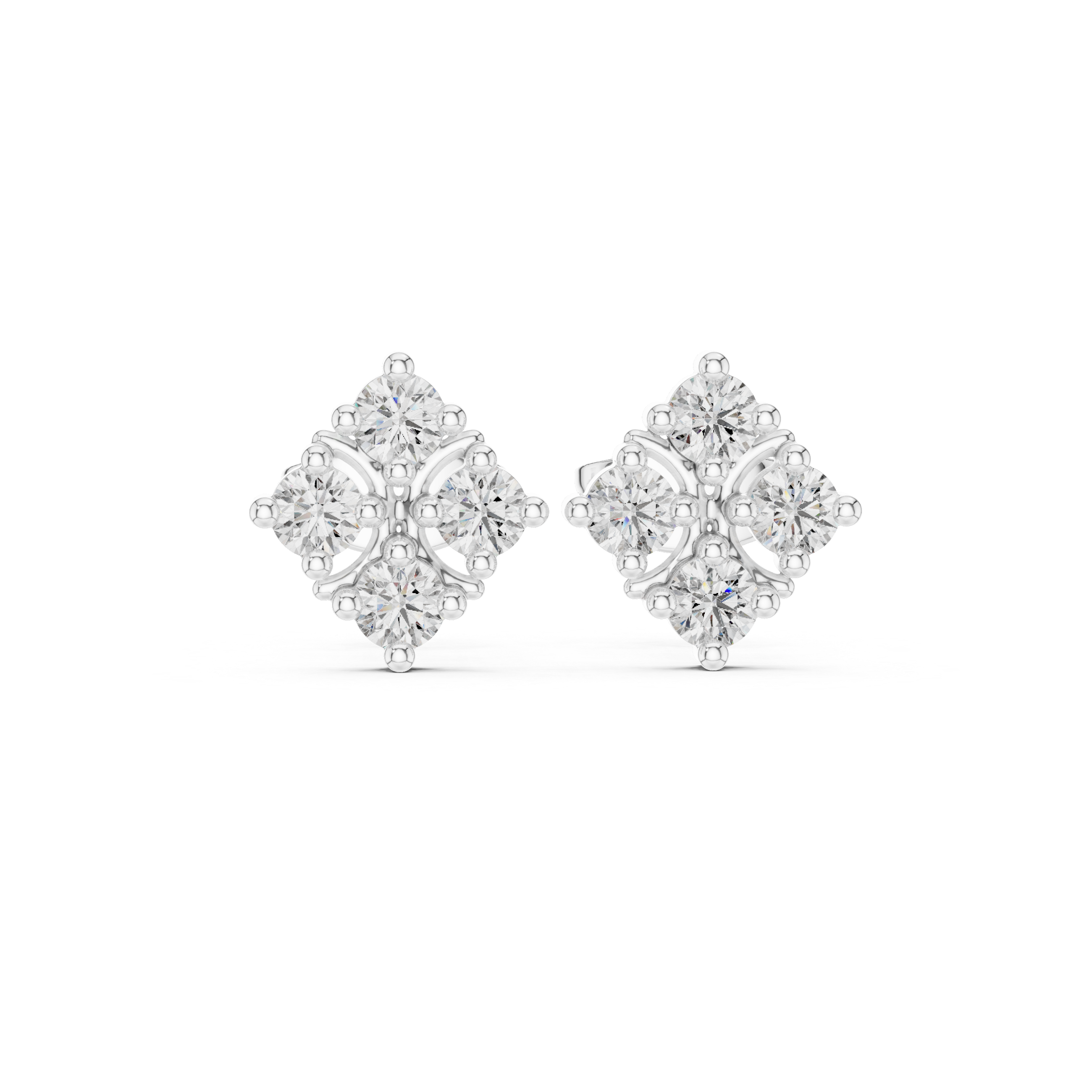 Diamond shape four stone cluster stud earrings with round stones in tilted square arrangement
