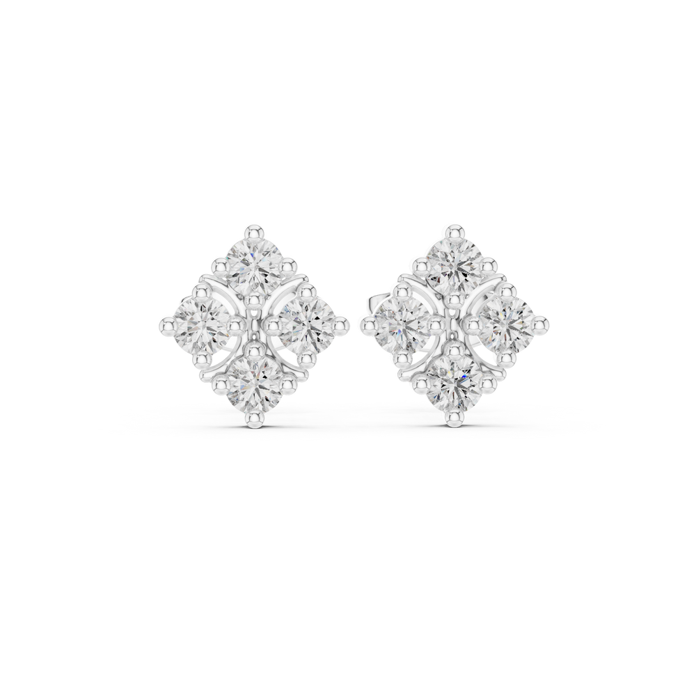 Diamond shape four stone cluster stud earrings with round stones in tilted square arrangement