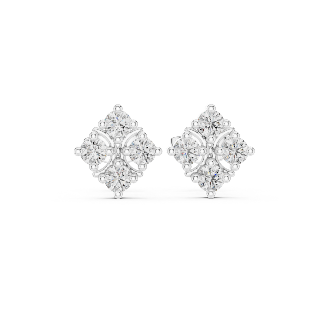 Diamond shape four stone cluster stud earrings with round stones in tilted square arrangement