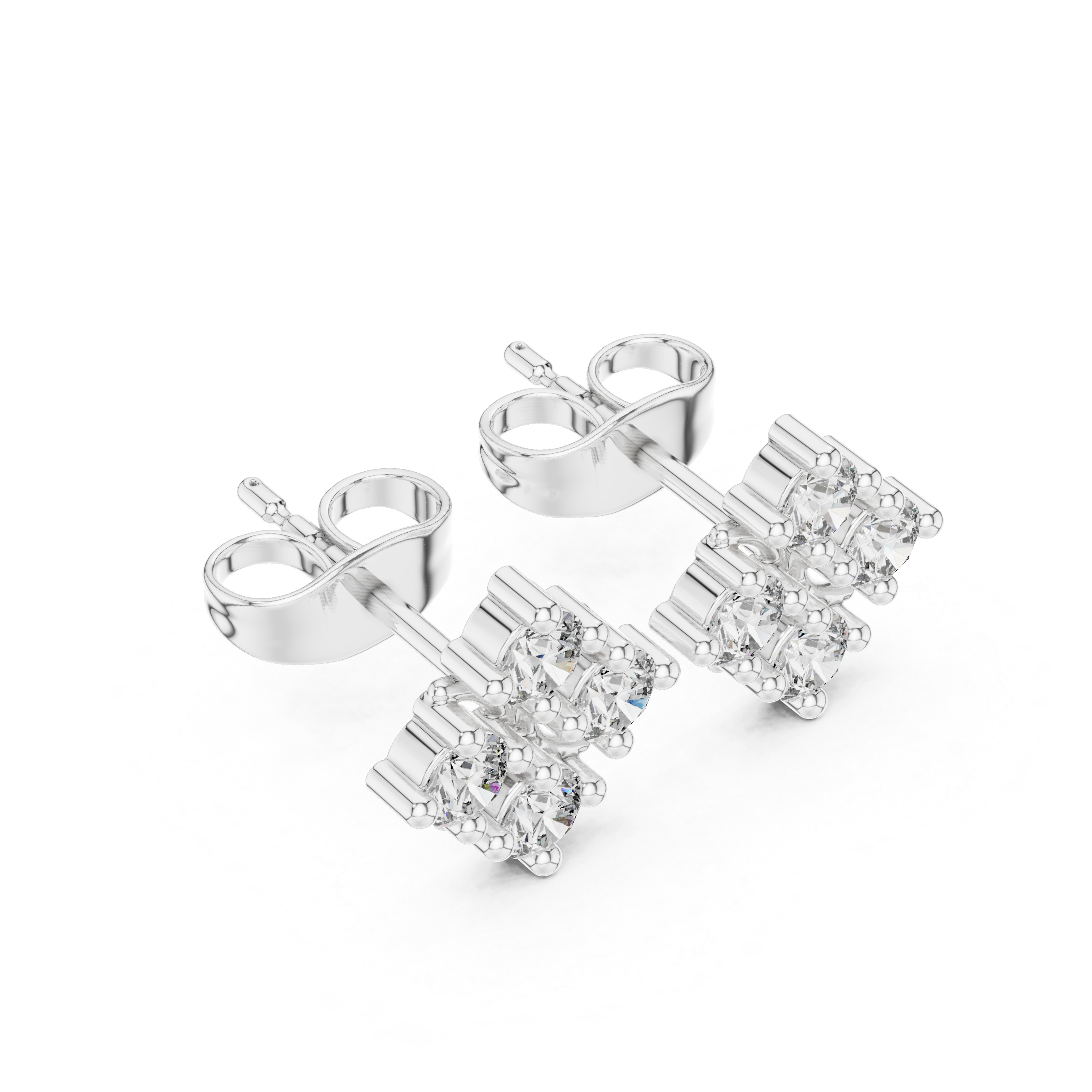 Diamond shape four stone cluster stud earrings with round stones in tilted square arrangement
