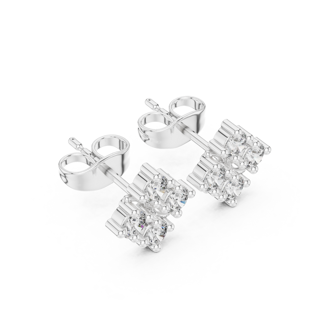 Diamond shape four stone cluster stud earrings with round stones in tilted square arrangement