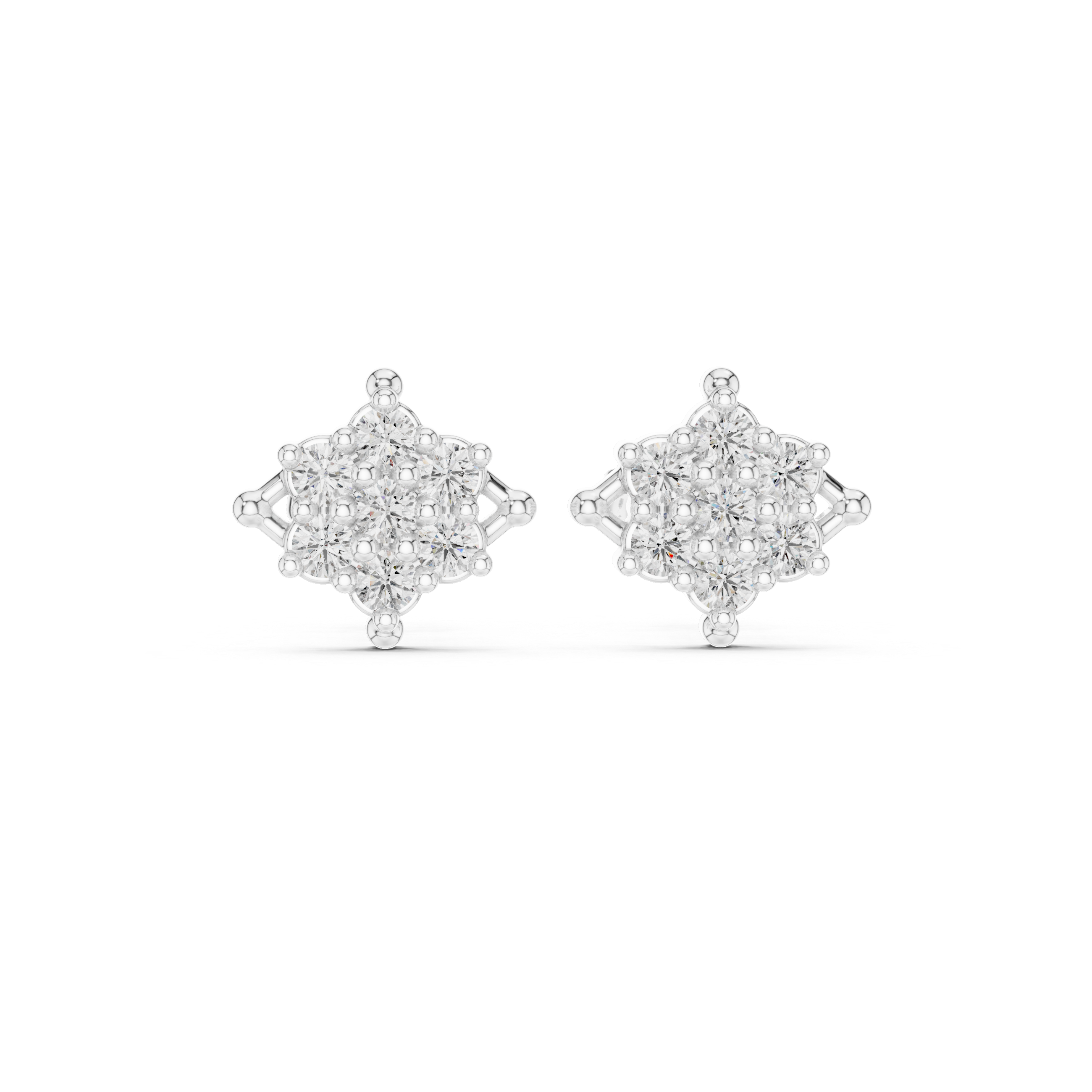 Diamond shape princess cluster stud earrings with marquise and round stones in a tilted square illusion cluster with bead tip corners